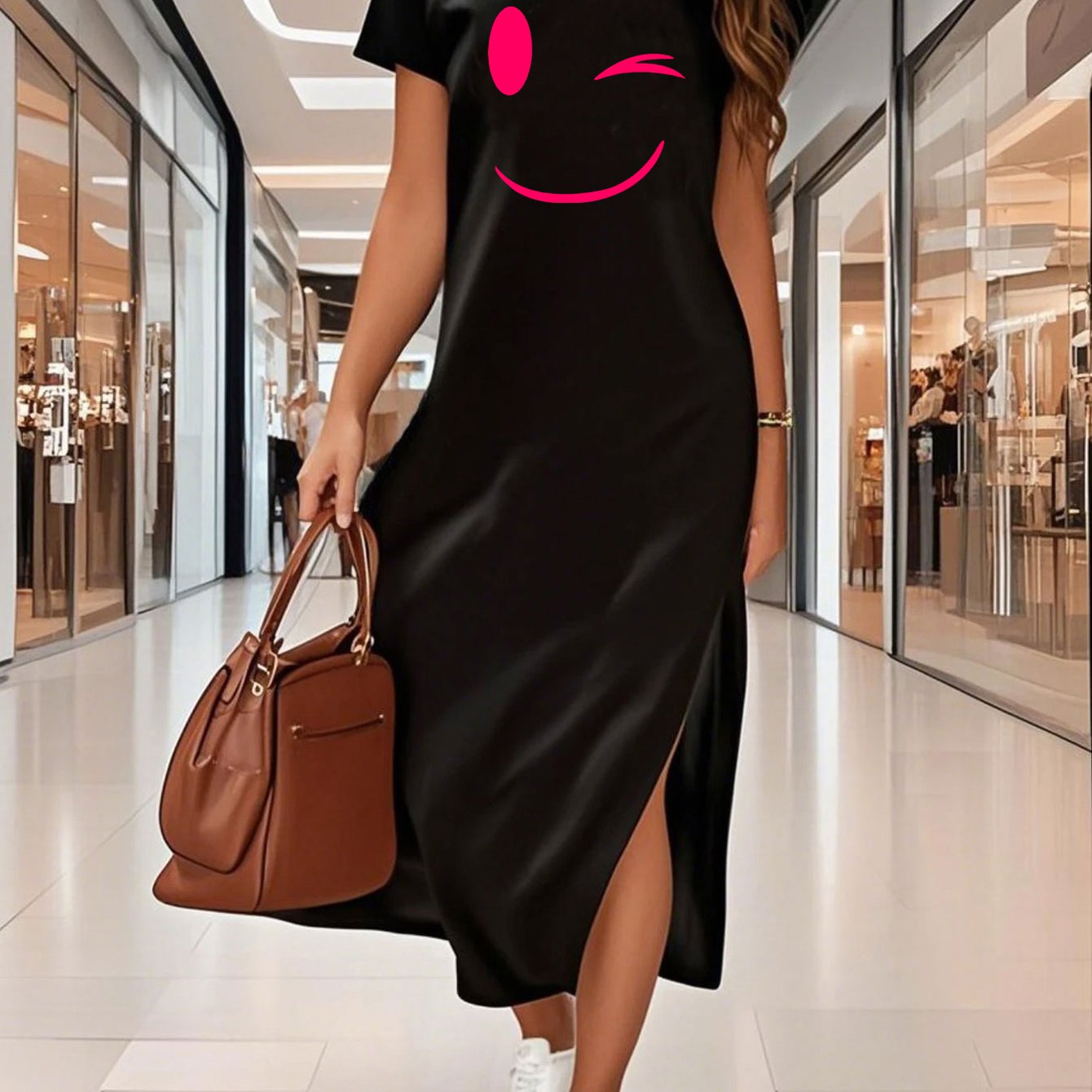 TEMU Robe Printemps/Été Manches Courtes Slim Fit Fente Imprimée