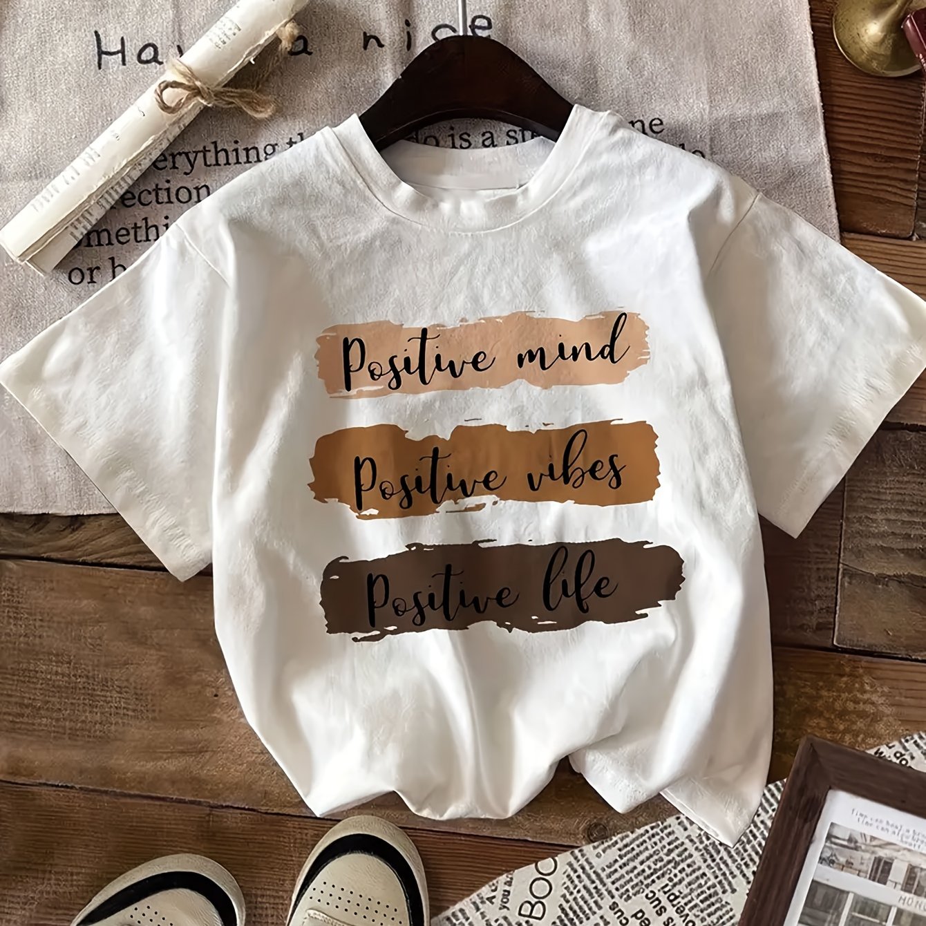 TEMU Women's Casual Y Crew Neck T-shirt With Inspirational Letter Print And Color - Spring/summer Breathable White Top, Machine Washable, Women's