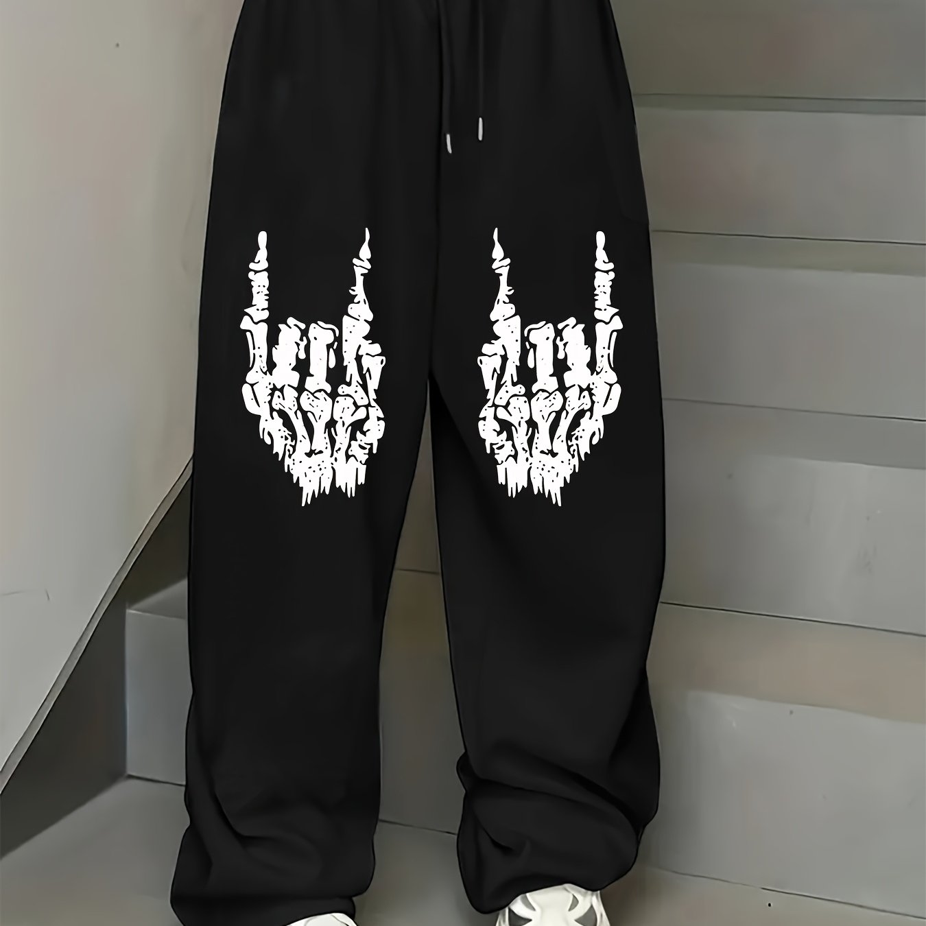 TEMU Skull Gesture Print Loose Straight-leg Pants, Casual Hip-hop Street Pants, Women's Wide-leg Trousers