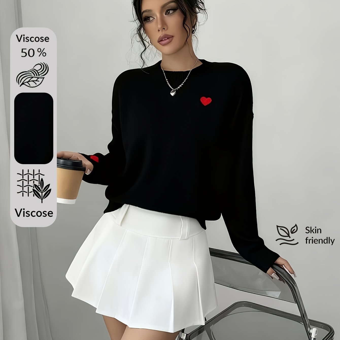 TEMU Pull à col rond pour femme avec motif simple de broderie de cœur - Pull à broderie de cœur de style européen et américain pour femme, de style ,