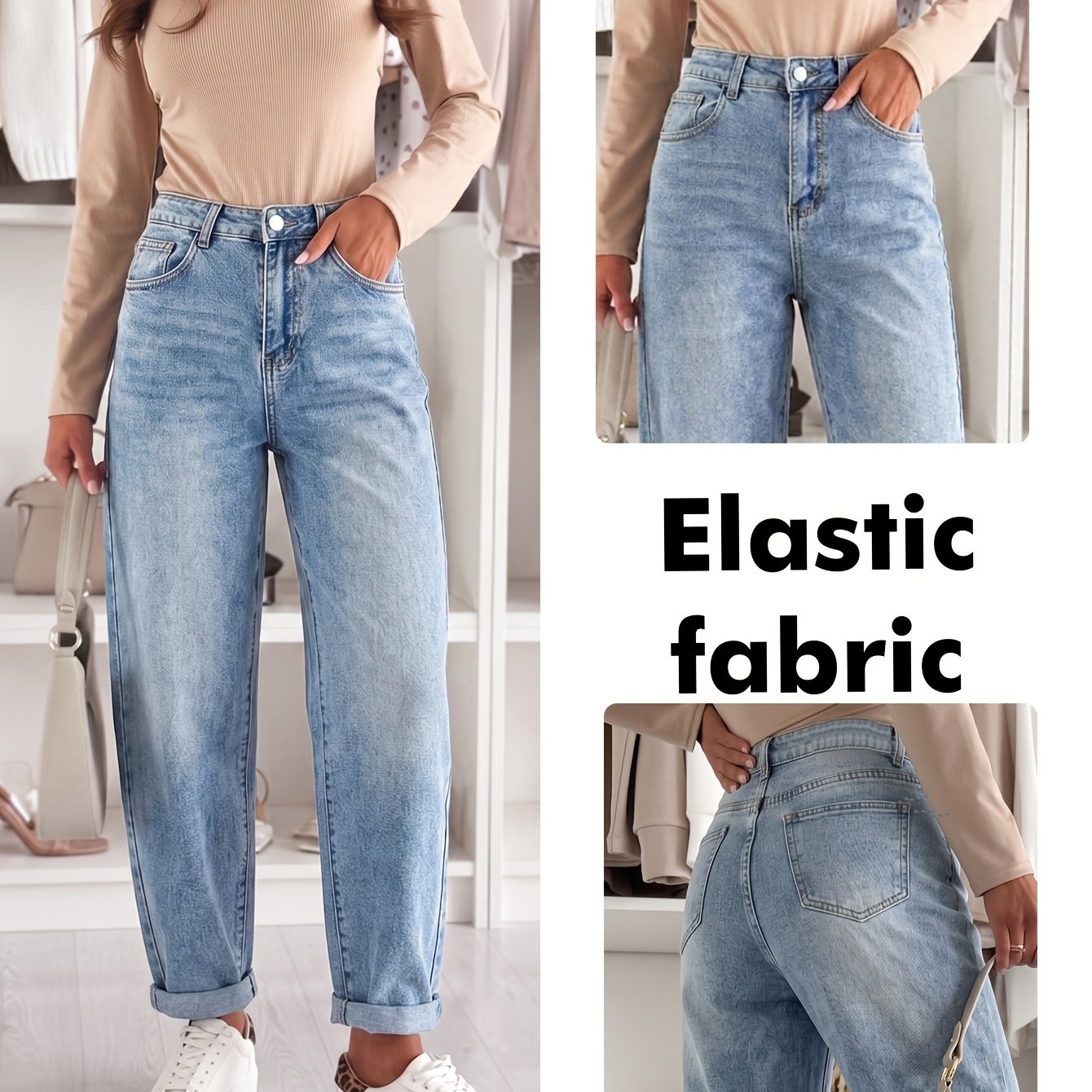 New Women's Spring/summer , Mom Jeans, Elegant And Versatile Light Blue Washed Denim Tapered Pants, Stretch Fabric, Suitable For Casual