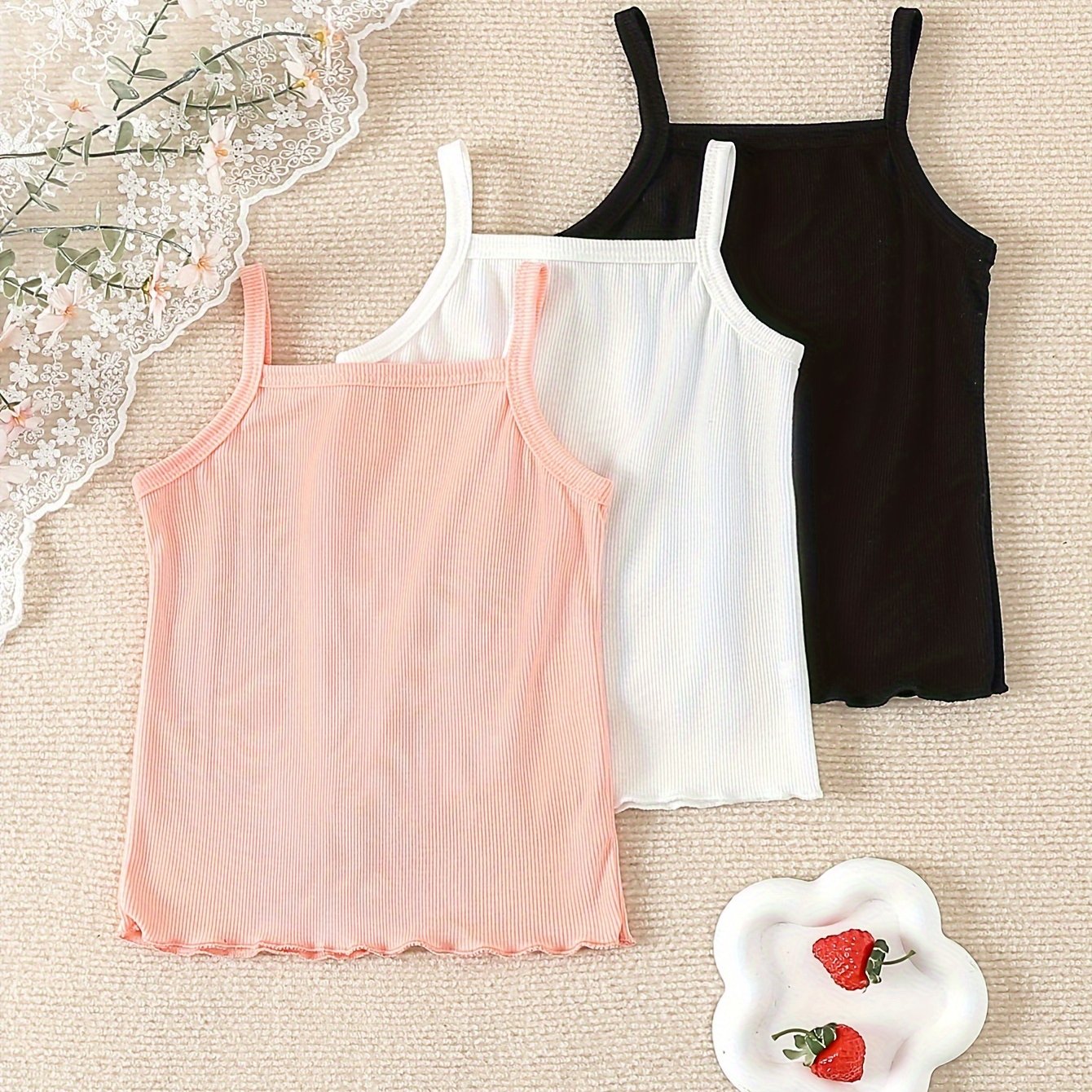 3pcs Girls' Camisole Tank Tops, With Shirred Edges