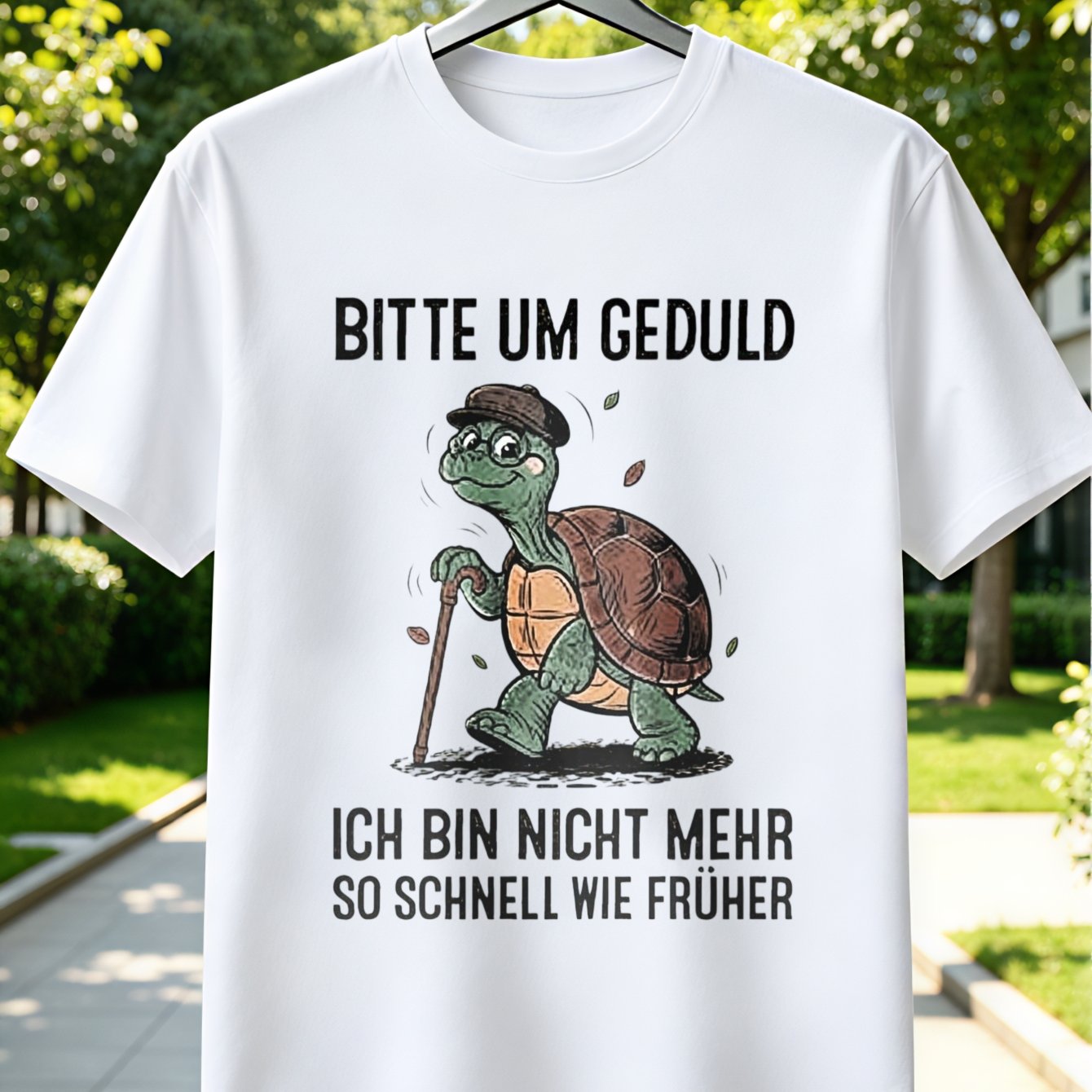 Image of Women's T-shirt Plus Size Bitte Um Geduld Ich Bin Nicht Mehr So Schnell Wie Fruher German Turtle Quote With Cane Graphic T-shirt Text Style Casual Everyday Look Unisex T-shirt