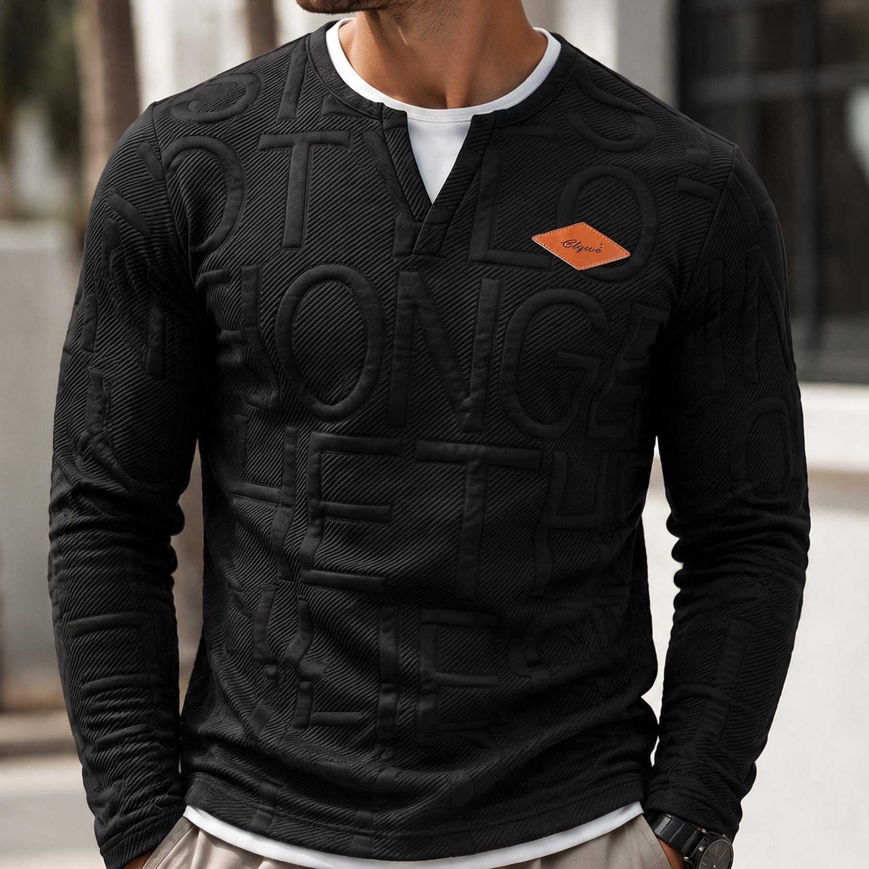TEMU Men's Fashion Top, Autumn/winter Outdoor Casual Textured Jacquard Fabric, Color-block Crew Neck Long Sleeve Men's Base Henley Shirt