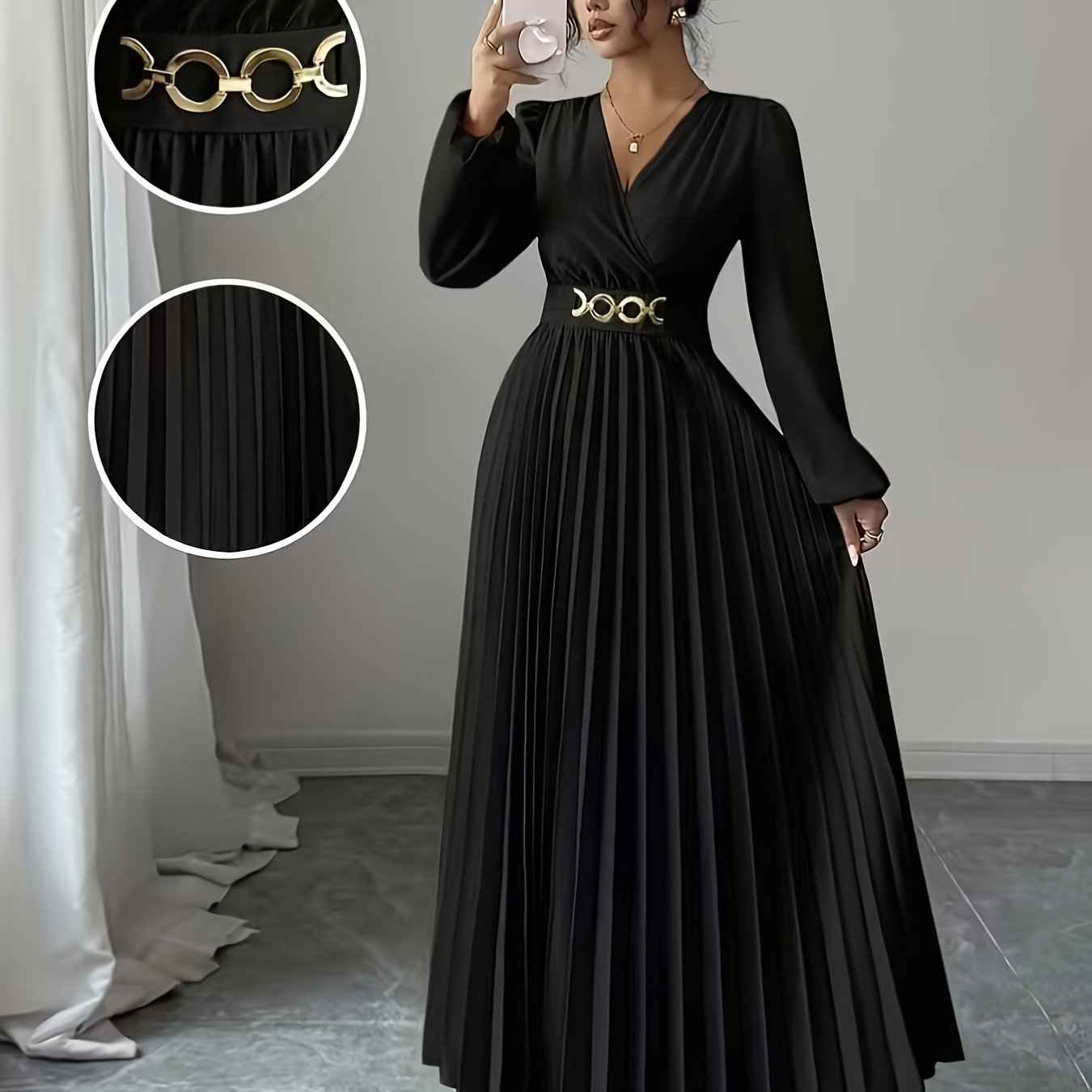 TEMU Solid Color V-neck Long Sleeve Draped Hem Elegant Maxi Dress