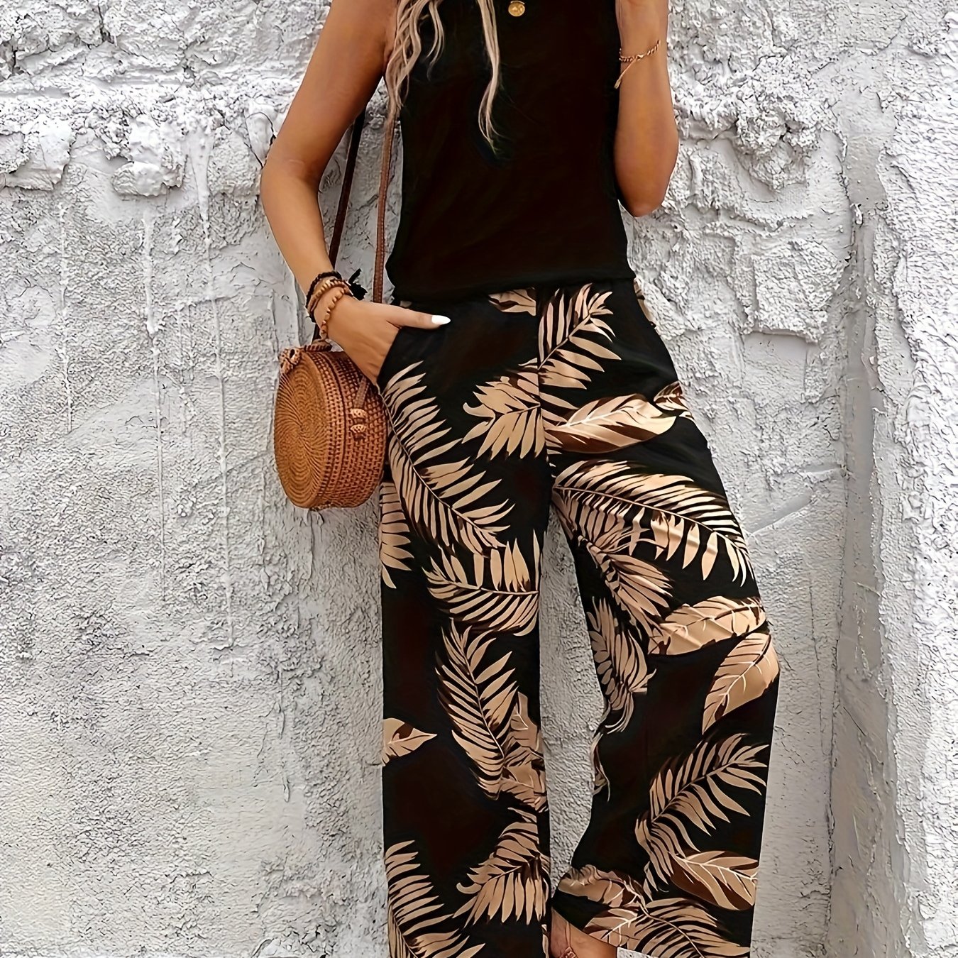 Temperament Solid Color Sleeveless Top And Printed Long Pants Two-piece Set