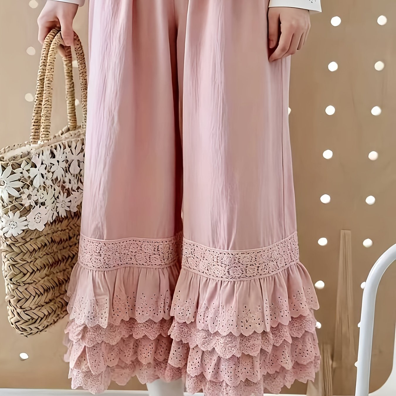 TEMU 【商品名】春夏 レディース レース ドパンツ、ズボン。四層レース重ねハイウエスト ゆったり ストレートレッグパンツ。レディース ファッション カジュアルズボン