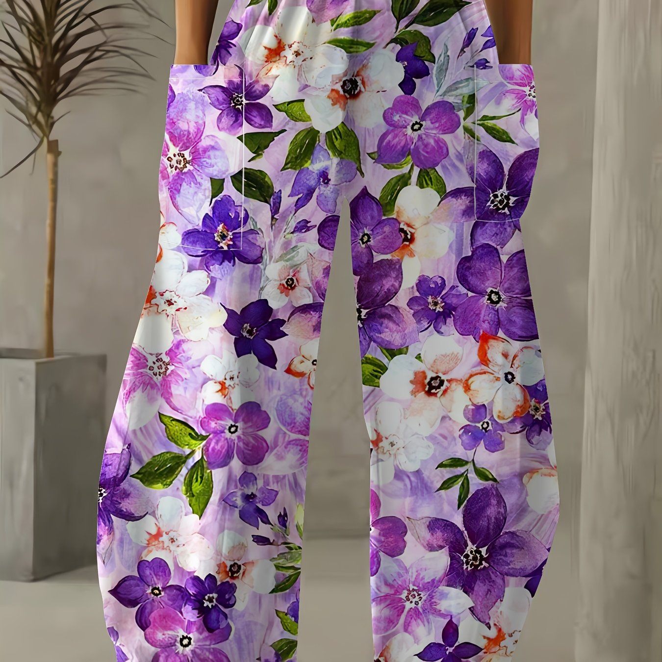 TEMU Plus Size - Plus Size - Plus Size Watercolor Style Purple And Block Floral Wide Leg Pants Women's Summer Loose Drape Pocket Casual Pants Worn