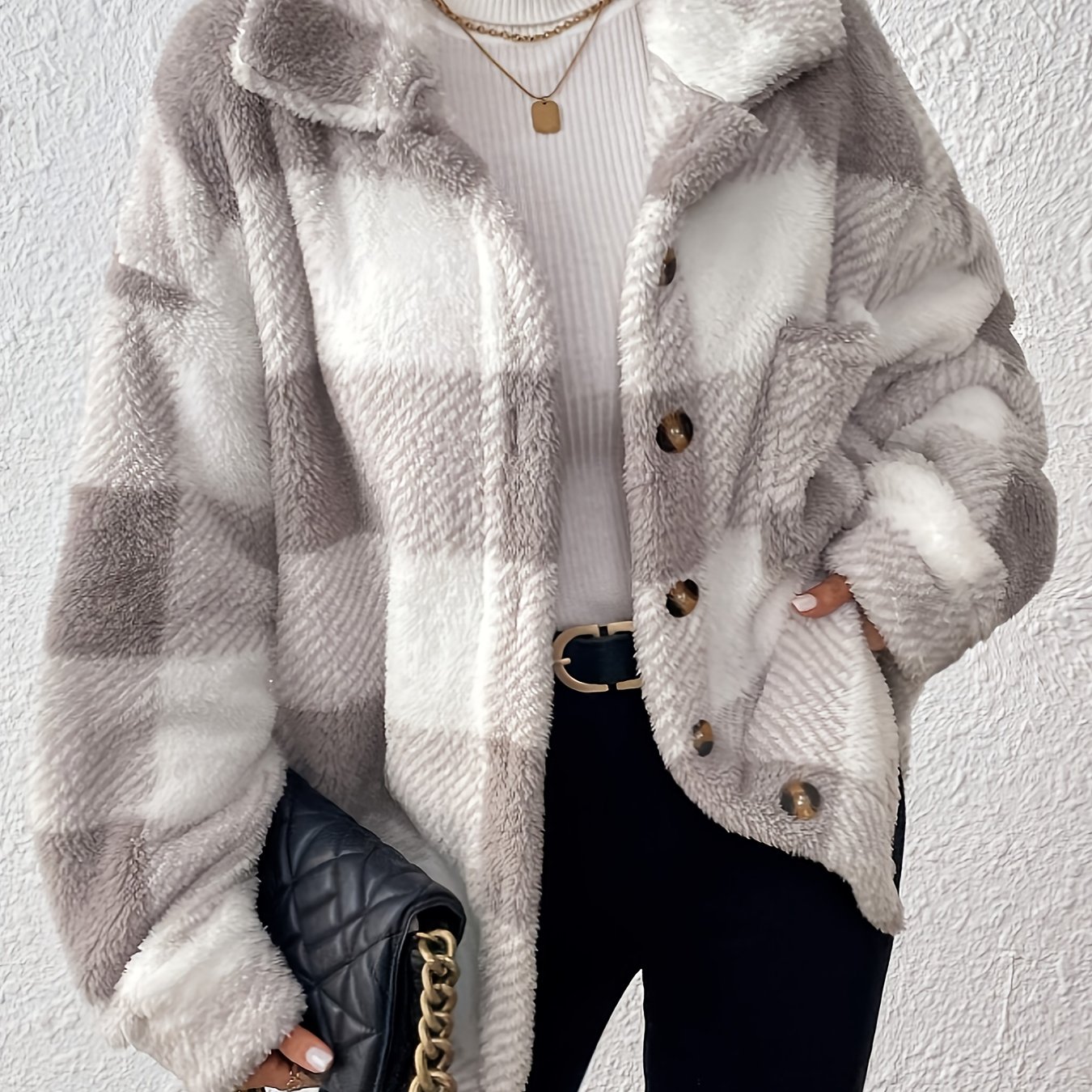 TEMU Elegante chaqueta casual de felpa a cuadros con botones, ideal para uso diario en otoño e invierno