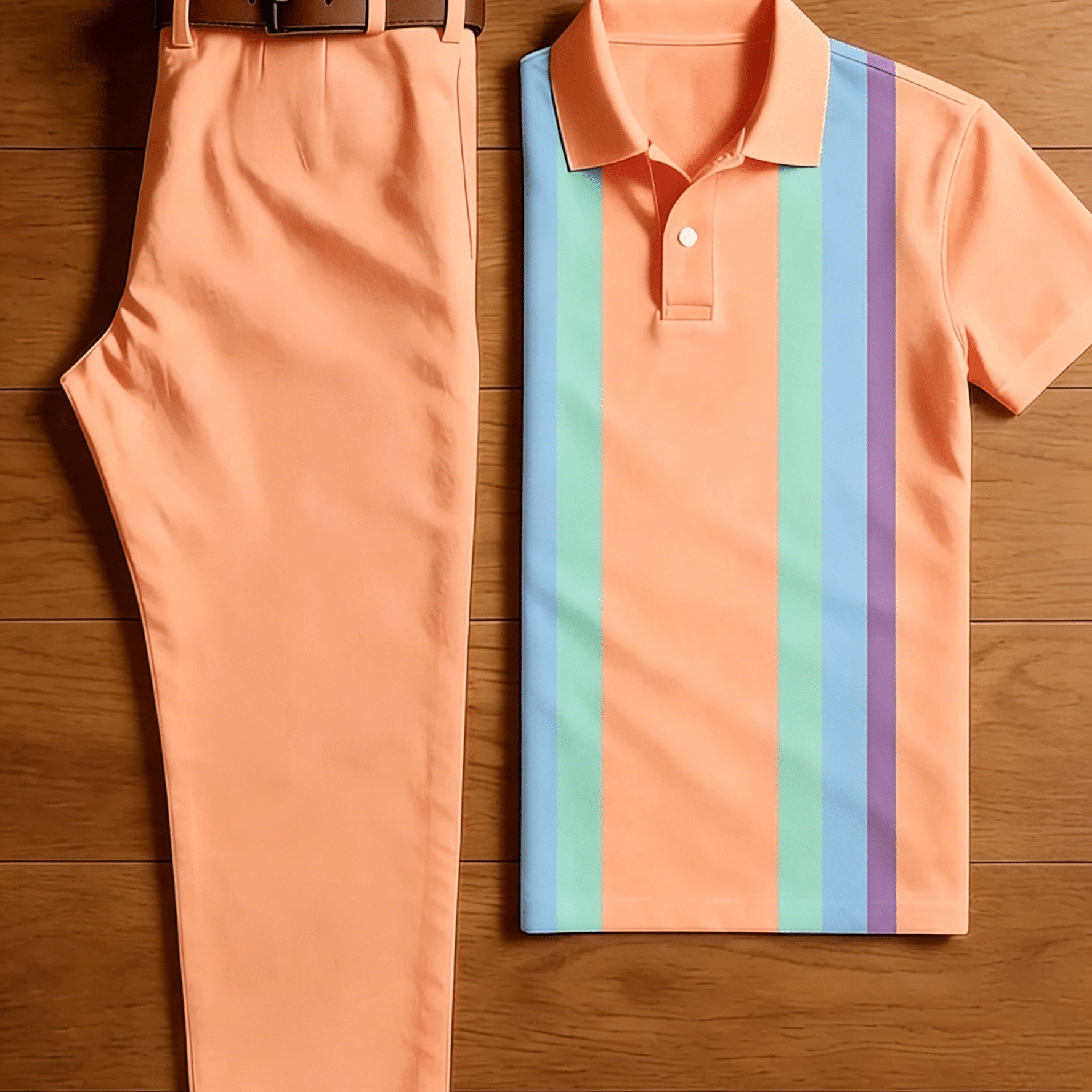 TEMU Men's 2pcs Casual Outfit Set, Front Vertical Green Purple Short Sleeve Shirt And Solid Peach Straight Leg Chino Pants, Summer Beach Golf Daily