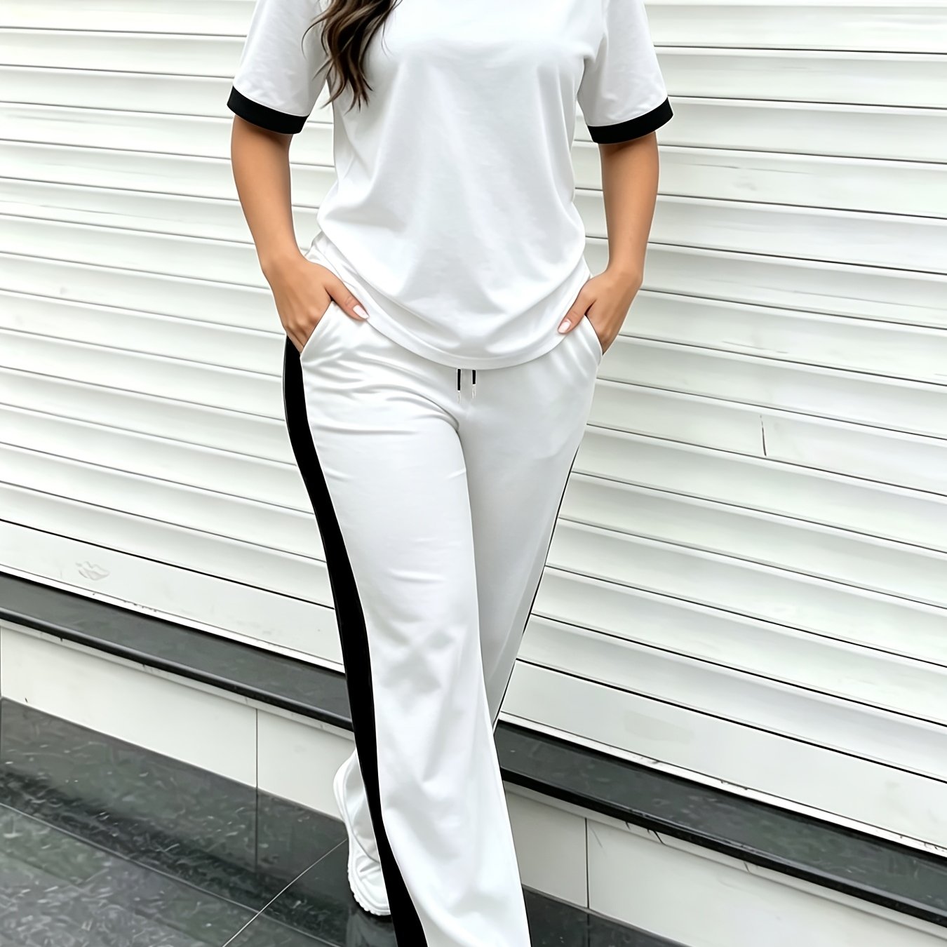 TEMU Conjunto de estilo europeo y americano para mujer: camiseta de manga corta de /verano, pantalones largos casuales de ropa de abrigo, ropa de