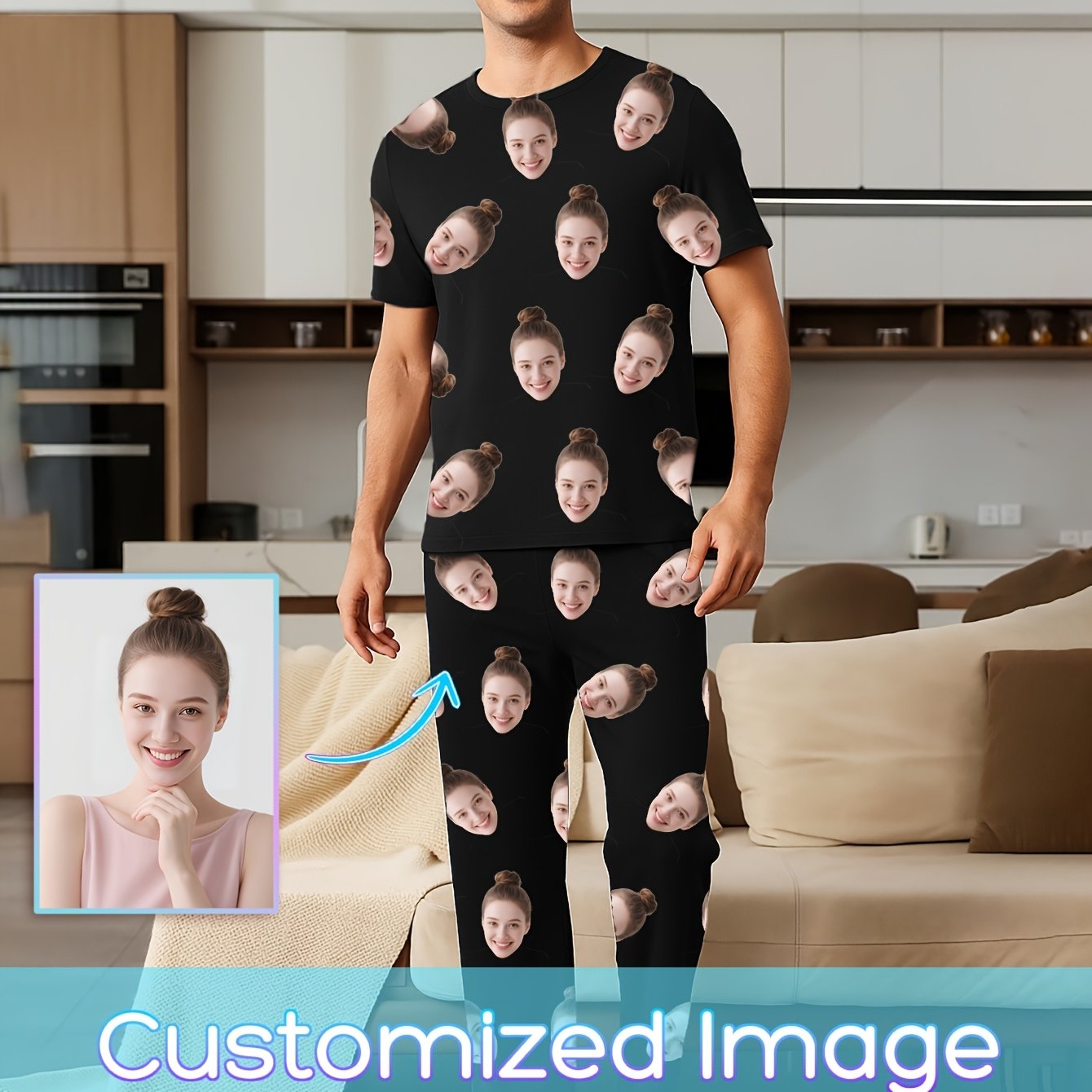 TEMU Men's Customized Loungewear Set: Personalized T-shirt   Pants With Background Portrait Print. Couple Diy Portrait Design For Daily . Ideal Gift