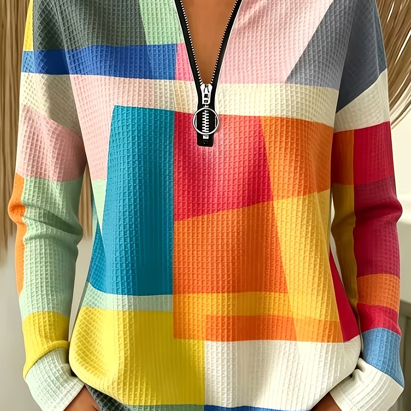 TEMU Women's Western Style Long Sleeve Zipper Waffle Top, Elegant Temperament Printed Casual Women's Long Sleeve T-shirt