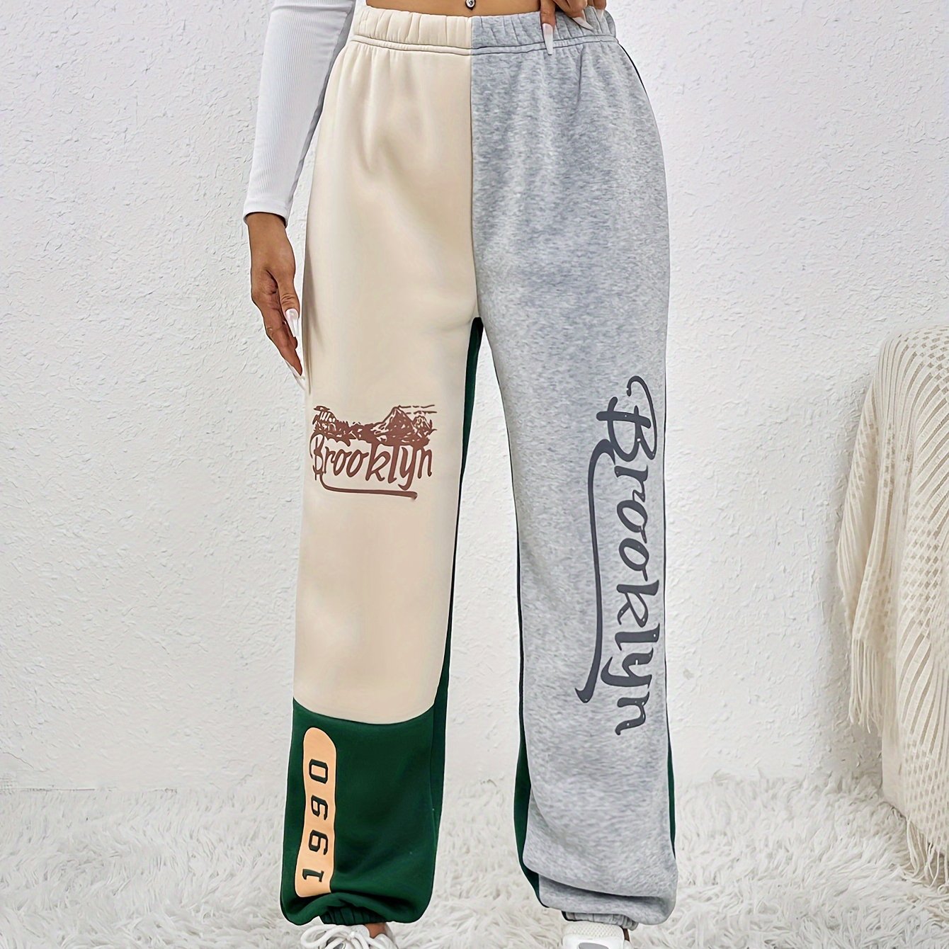 Women's -lined Jogger Pants, Spring/autumn Color-block Long Pants, Letter Print Trendy Pants