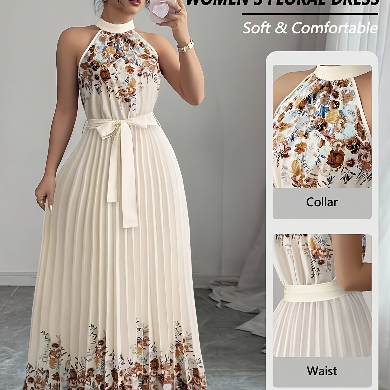 TEMU Women's Floral Print Pleated Flared Maxi Dress With Tie Waist, Wedding Evening Party Formal Gown, Date Vacation Dress