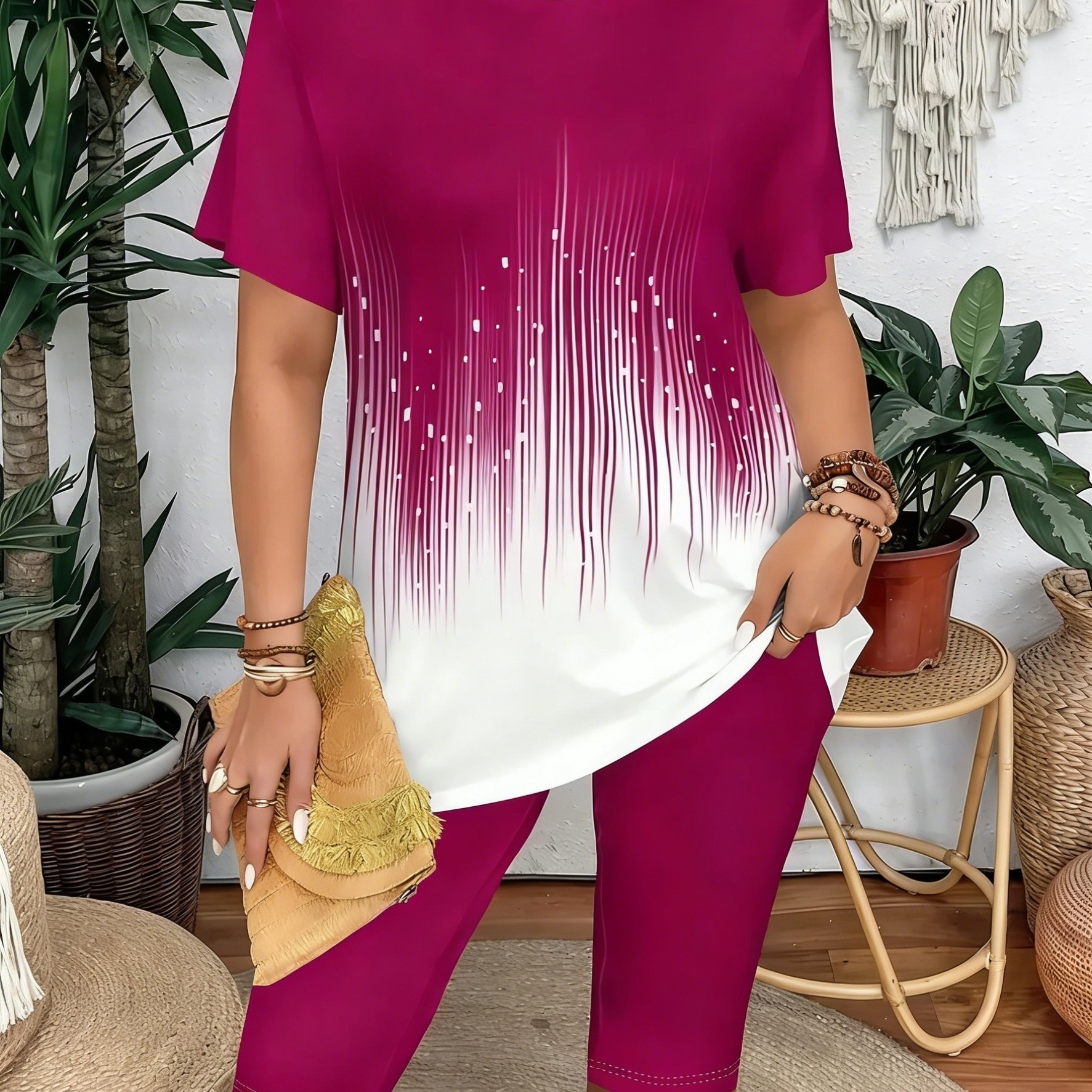 Image of Women's Fashionable Casual Breathable Short-sleeve 2pcs Set, Colorful Striped Print, 5/4 Stretch Leggings, Suitable For Daily Commuting, Casual Wear, Travel, And Vacations