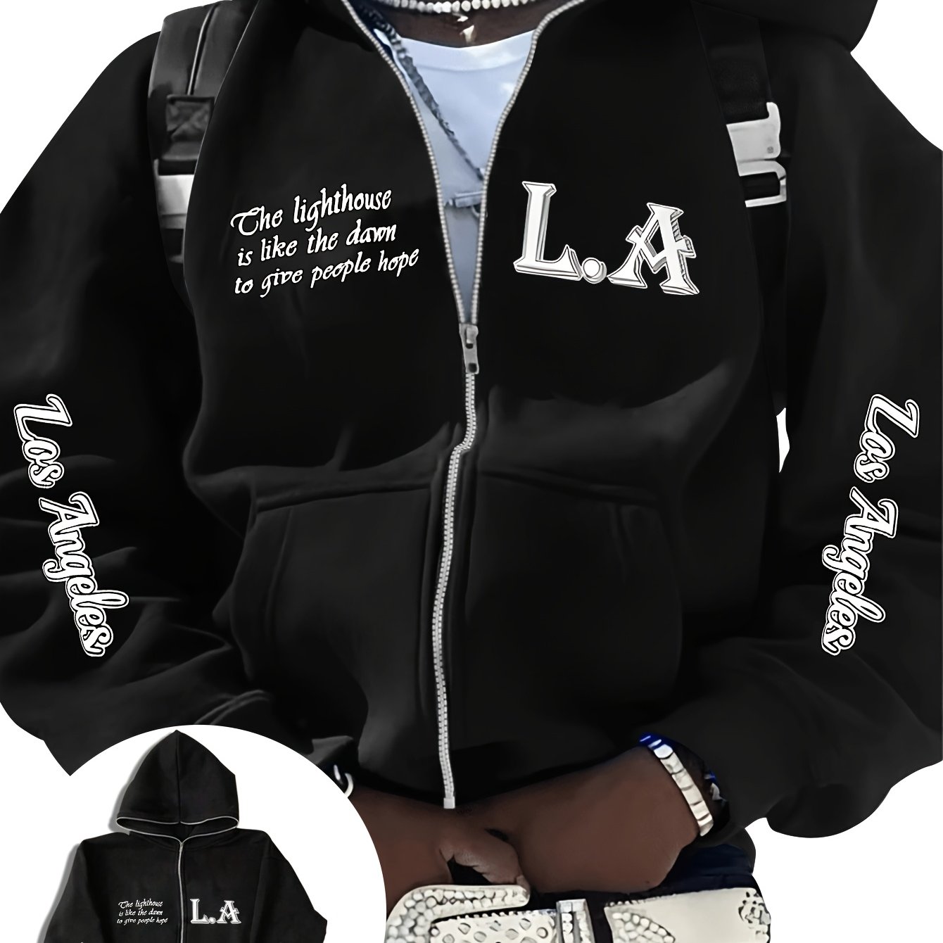 TEMU Trendy Men's Zipper Hoodie, Lighthouse Theme Los Angeles , Inspirational Slogan Design, Fashion Hooded Jacket