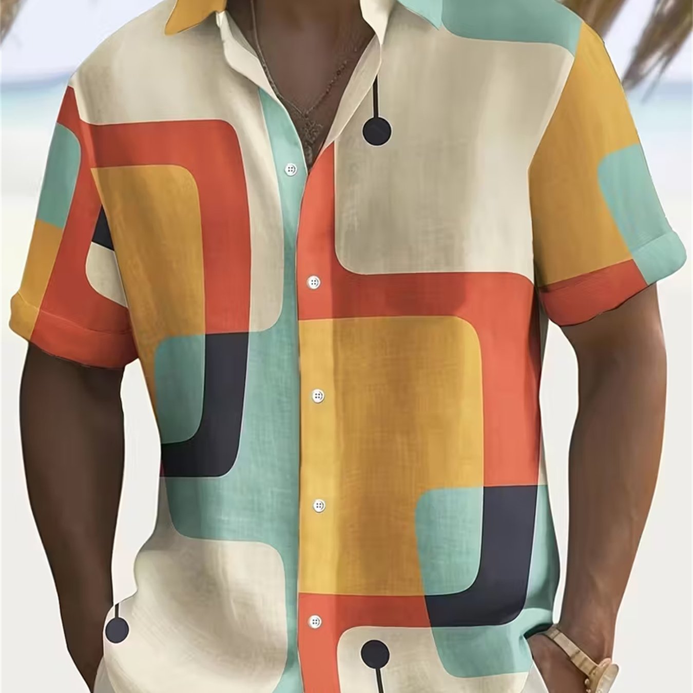 TEMU Vintage Geometric Color-block Short Sleeve Shirt, Retro-style Lapel Casual Blouse, Color Block Loose Top, Suitable For Vacation Travel / Light