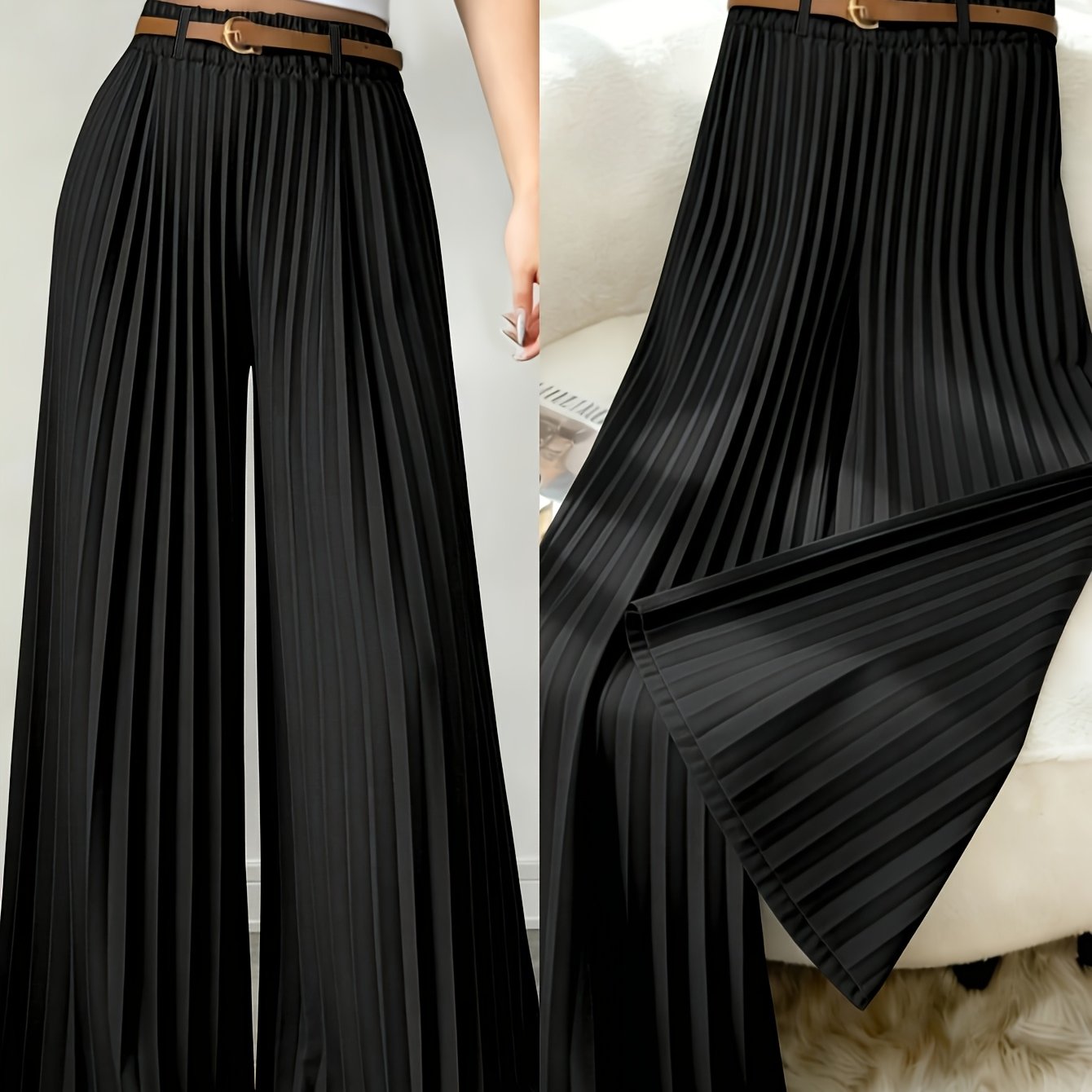TEMU Plus Size, Plus-size Women's New Elegant Solid Color Stretch Waist Design Elegant Pleated Wide Leg Trousers For Commuter Scenes Without Belt