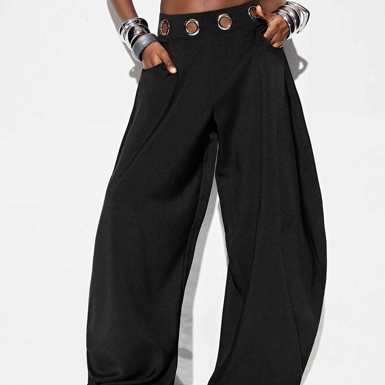 TEMU Cross-border American And European Pocket, Large Silvery Metallic Eye Belt Decorated Flared Harem Pants, Streetwear -garde Mixed Style Casual,