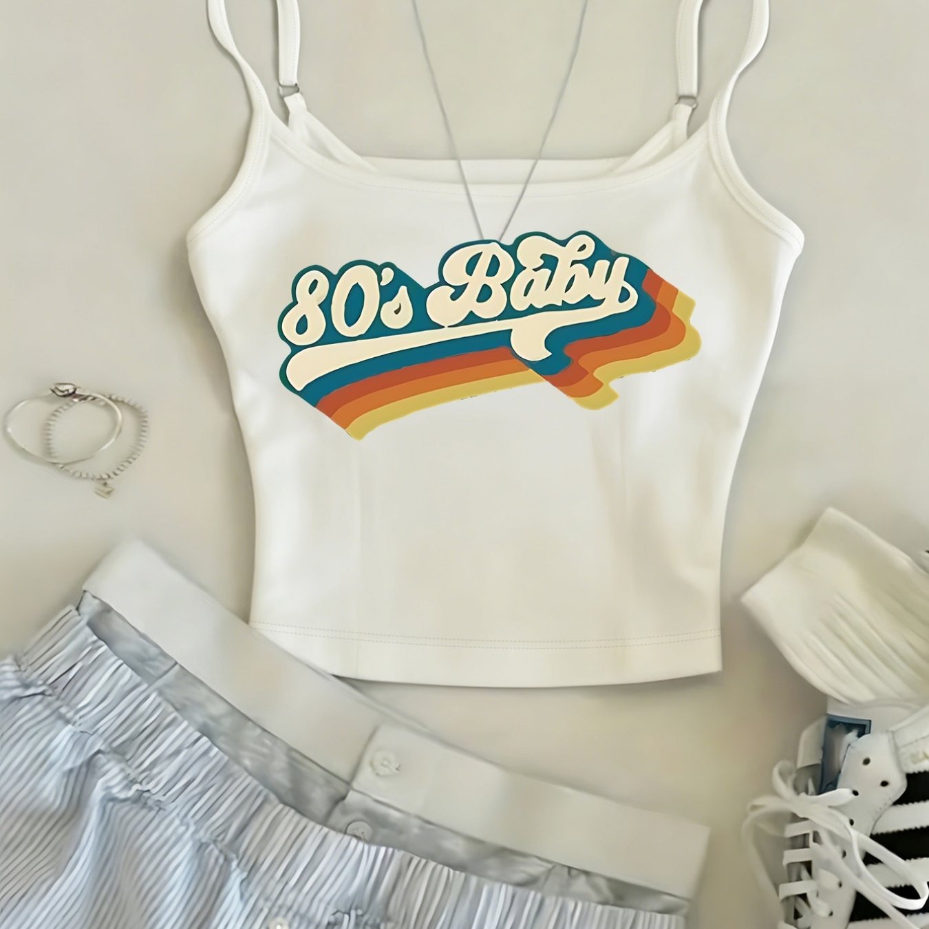 TEMU American-style Round Neck Camisole - 80s, Vintage Style Pattern, Y2k Vintage Spicy Adjustable Thin Strap Crop Cami Top, Women's New Summer