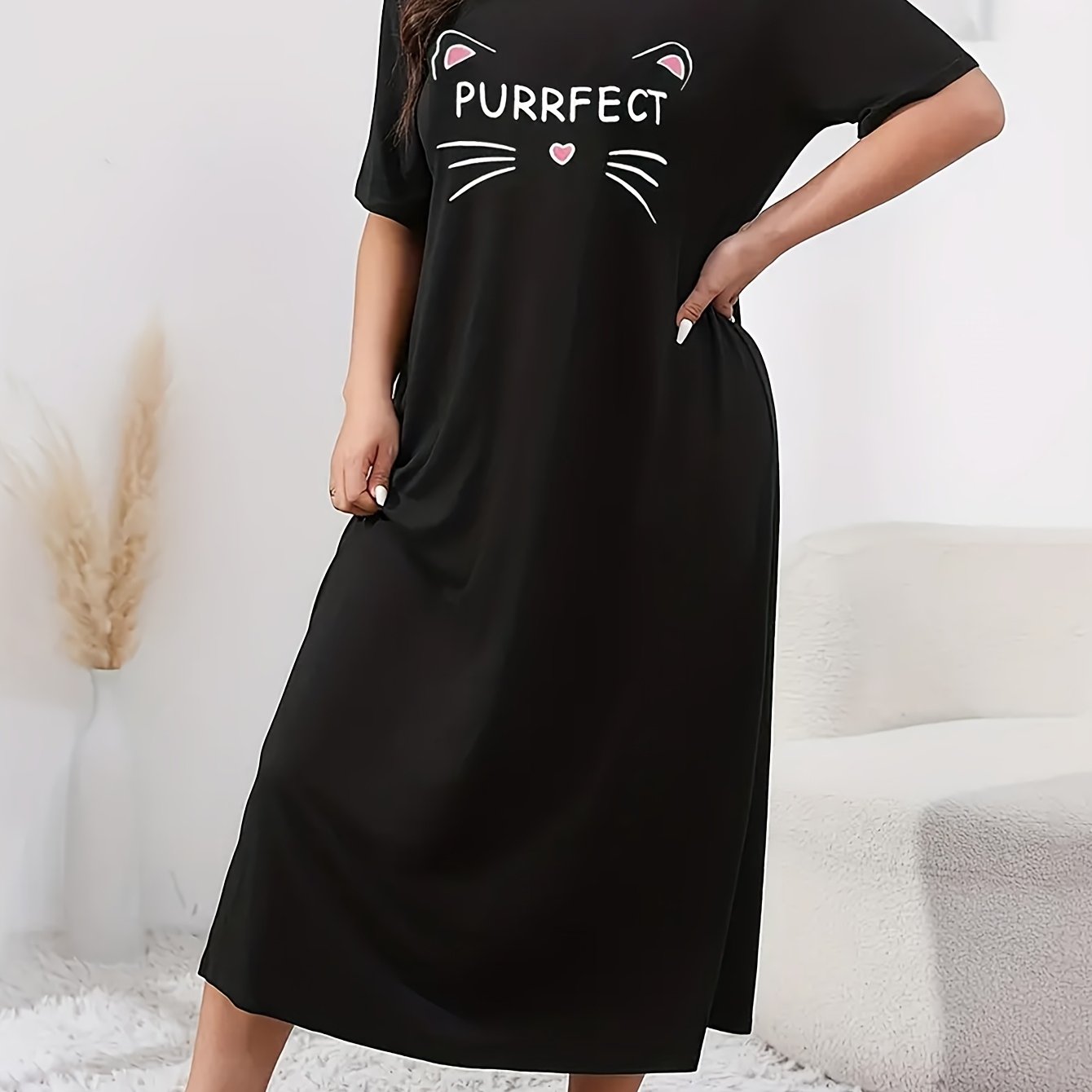 TEMU Women' Short Sleeve Round Neck T-shirt Dress - Cute Kitten Print (t-shirts With Cat Patterns) | Spring Summer Casual Maxi Dress | Machine