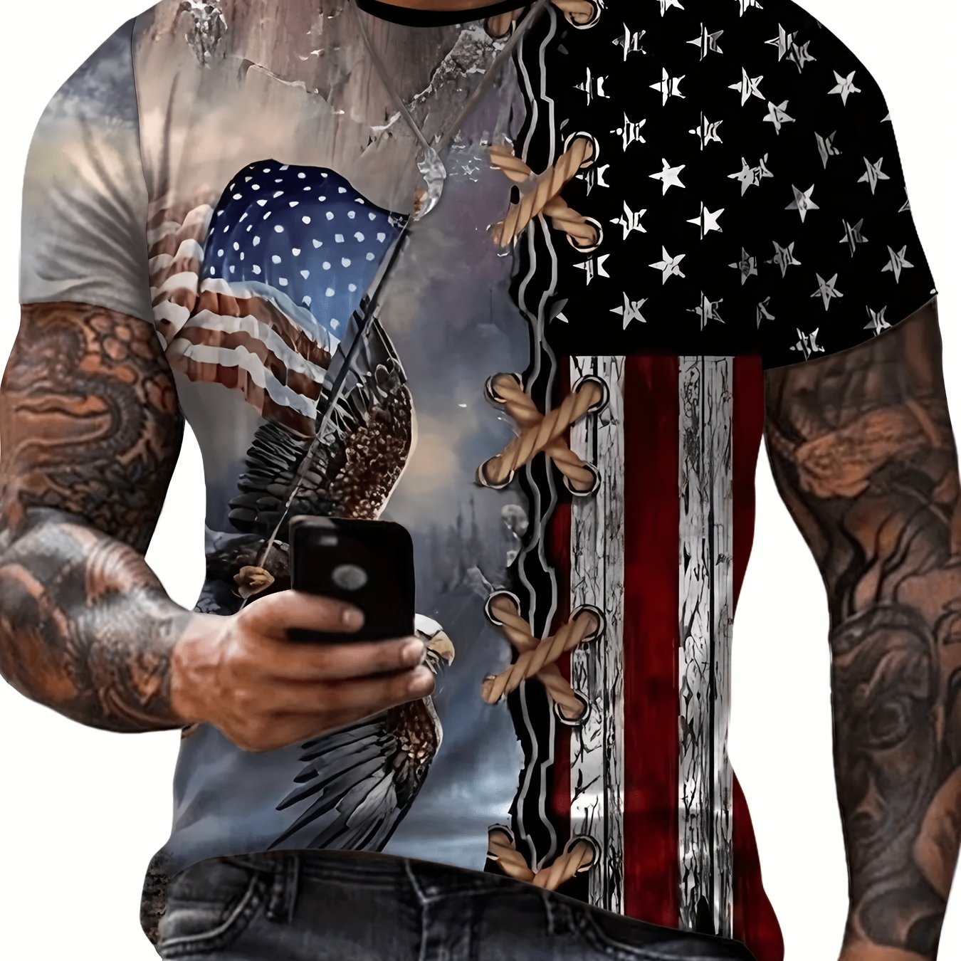 TEMU [printed Design- Not Textured] Men's Printed Crew Neck T-shirt, Short Sleeves For Summer, Casual Polyester Fiber, Regular Fit, Machine Washable,