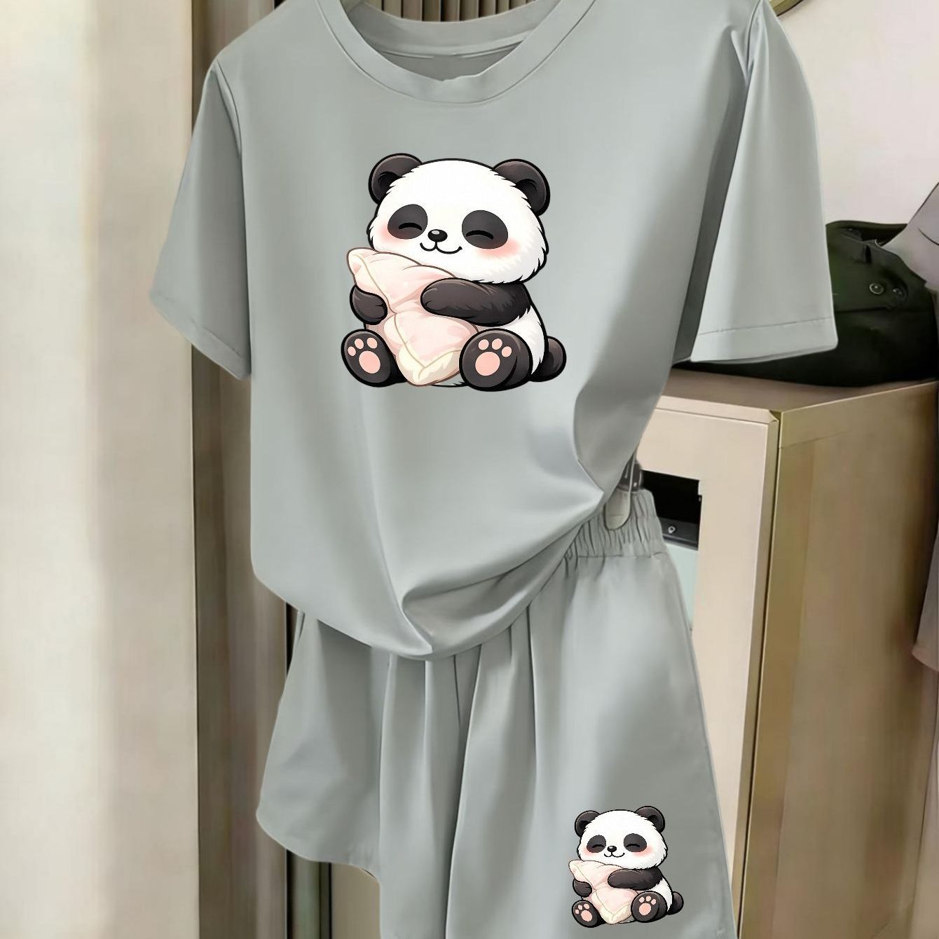 TEMU Cute And Panda Printed Short-sleeve Top And Shorts Loungewear Set For Older, Soft And Breathable Casual Teenage Pajama Set, 2pcs Outfit, For