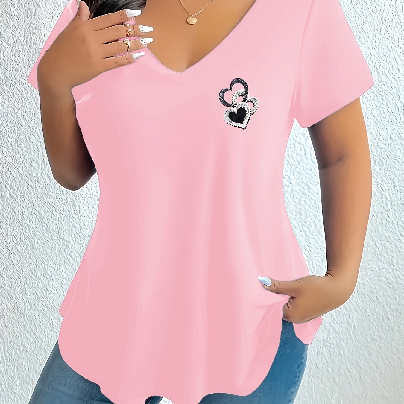 TEMU Plus Size Women's V-neck Geometric Pattern T-shirt