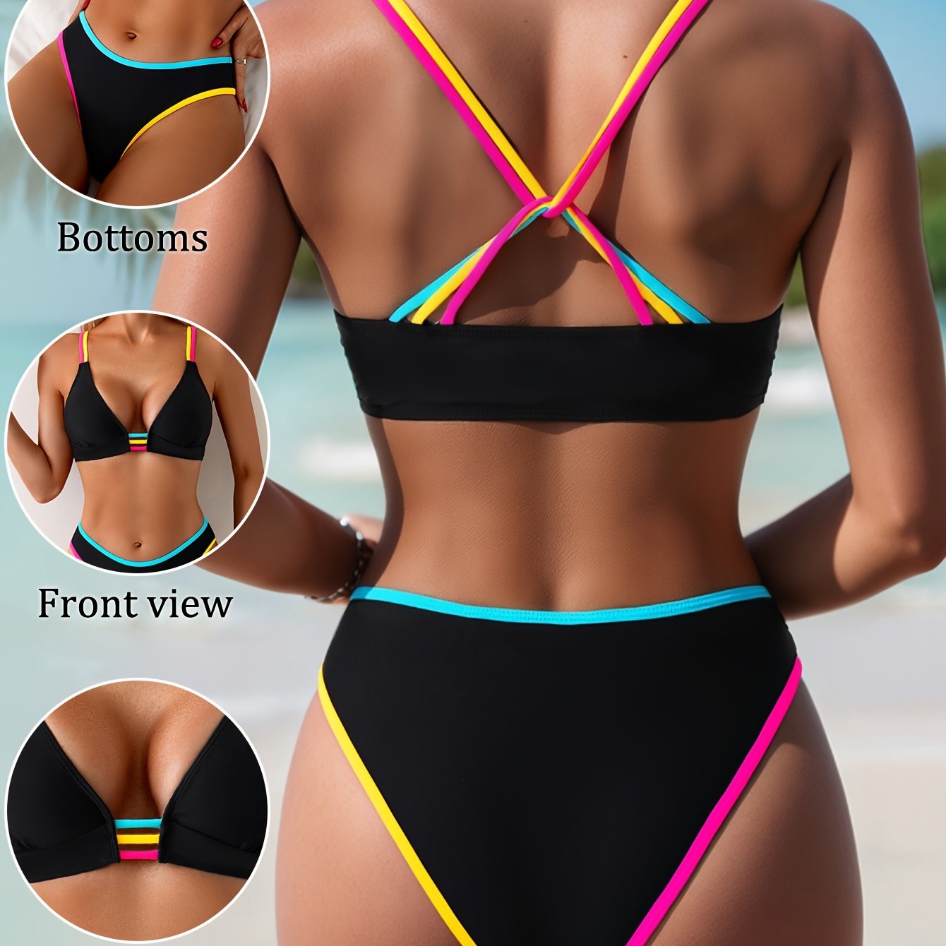 Image of 25ss Mid-summer Trend Women'-piece Bikini Set, , Colorful Shoulder Straps, Ruched, Fashionable, Casual, Vacation Swimwear