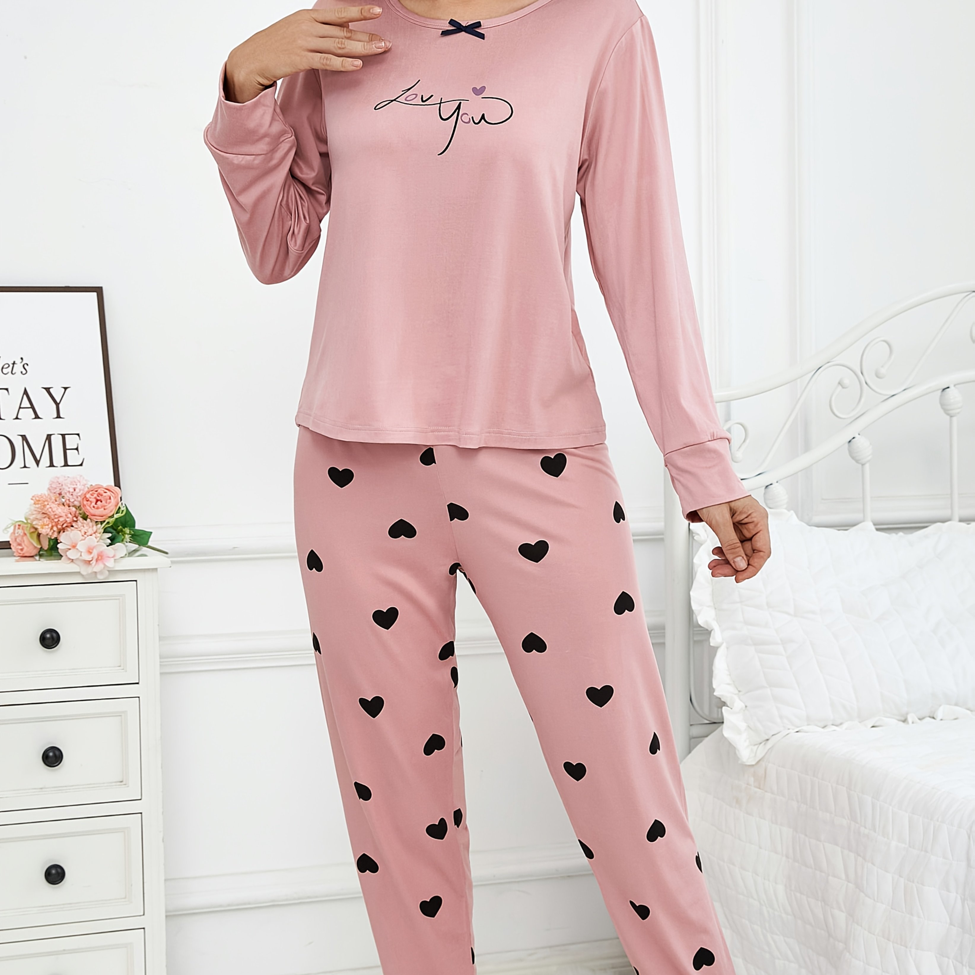 E-shop Jugendliches Herzmuster Pyjama Set, Frühling/Herbst Lässiges Bequemes Hauskleidungsset, für Teenager, Für Teenager