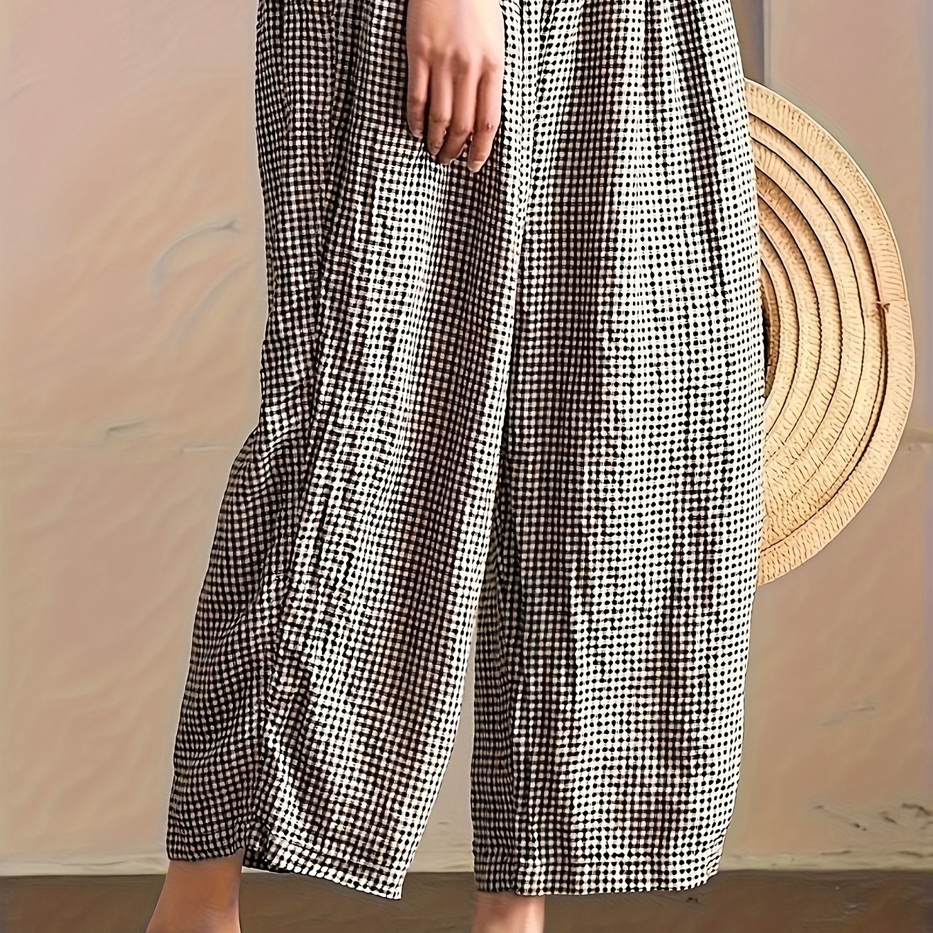 E-shop Retro Künstlerische Karo Weite Beine Gerade Hose, Lockerer High-Waist Freizeithose