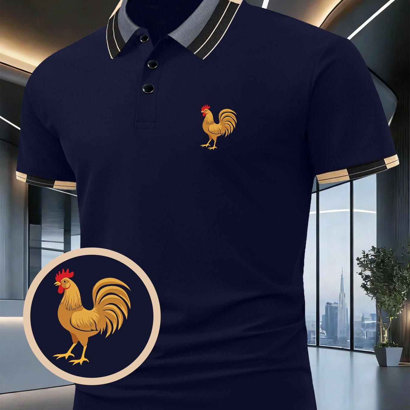 TEMU Chemise à manches courtes pour homme avec un imprimé de coq doré, dotée d'un col et de poignets contrastés élégants, offrant un stretch