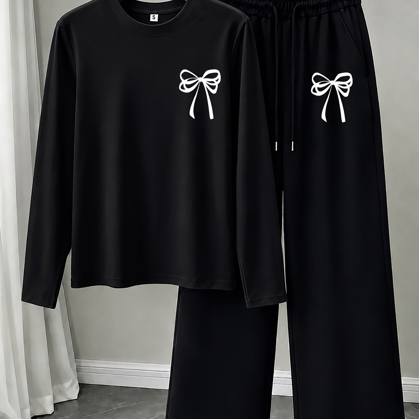 TEMU Sweet Bow Pattern Print, Korean Lazy Style Women's Loose Round Neck Long Sleeve Top And Drawstring Straight Wide Leg Pants Two-piece Set, Easy