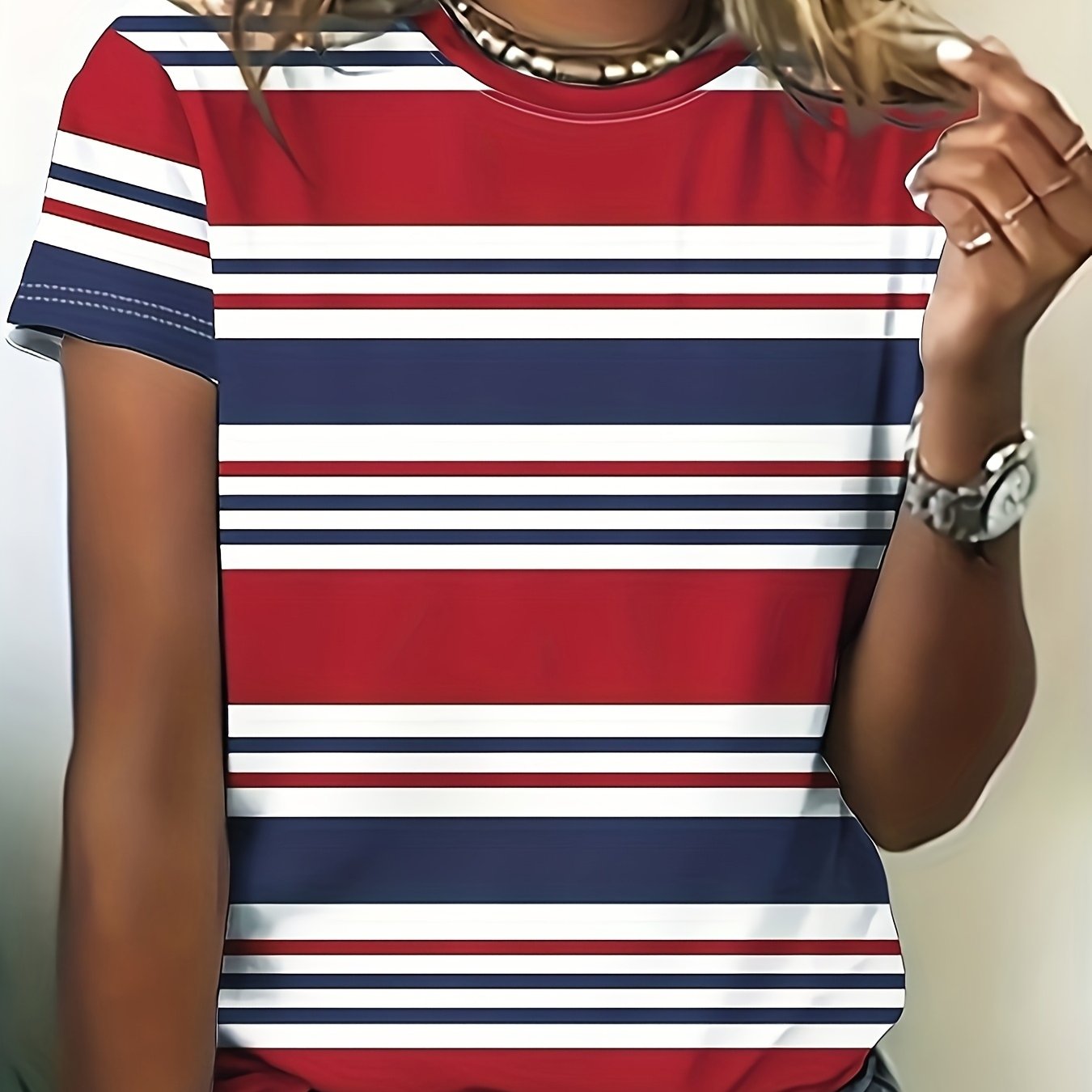 TEMU Women's Casual Short-sleeve T-shirt - Red, White, And Blue Striped Crew Neck Top, Machine Washable, Spring/summer Fashion Style, Women's T-shirt
