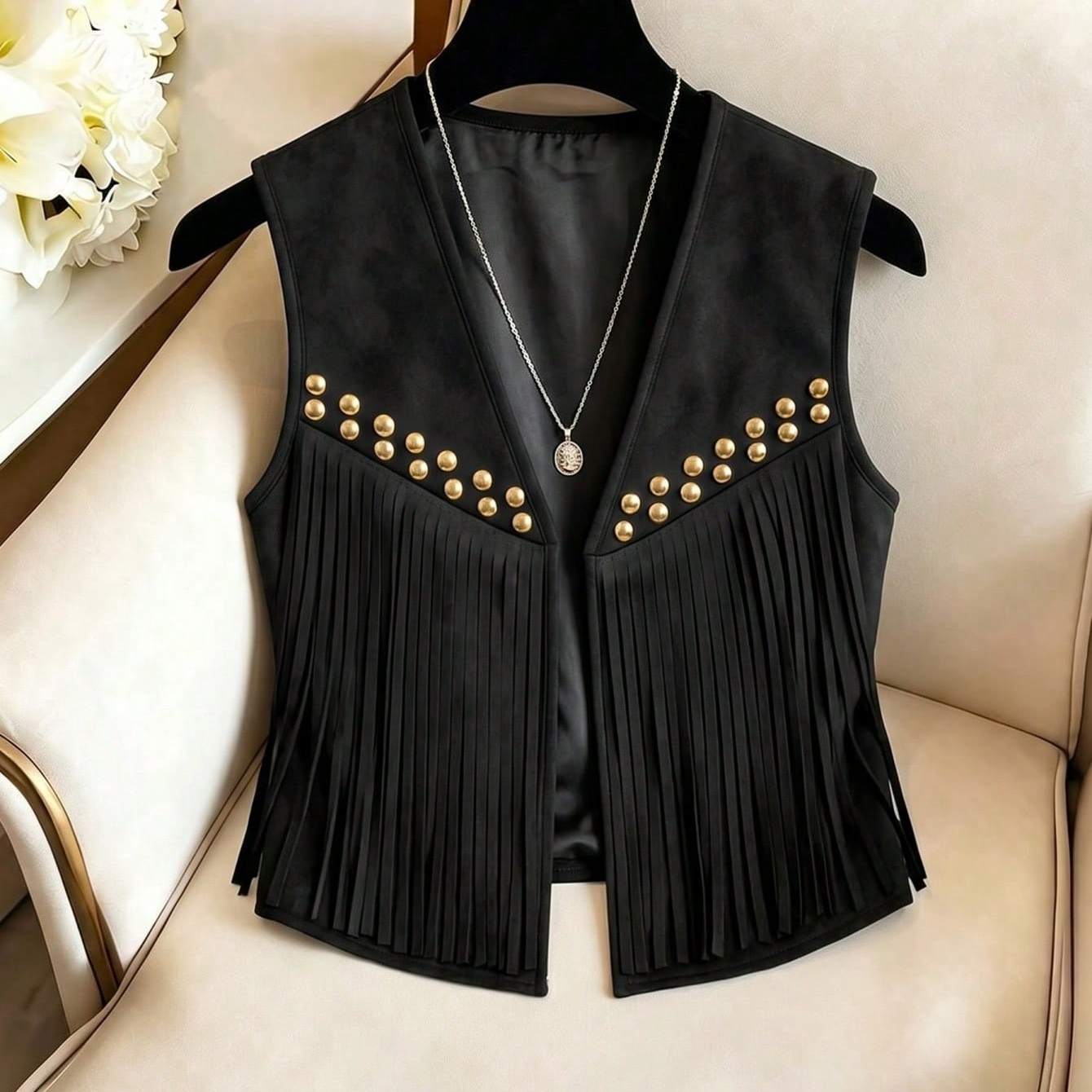 TEMU Chaleco vaquero de mujer estilo western con borlas de , sin , con tachuelas doradas y abierto