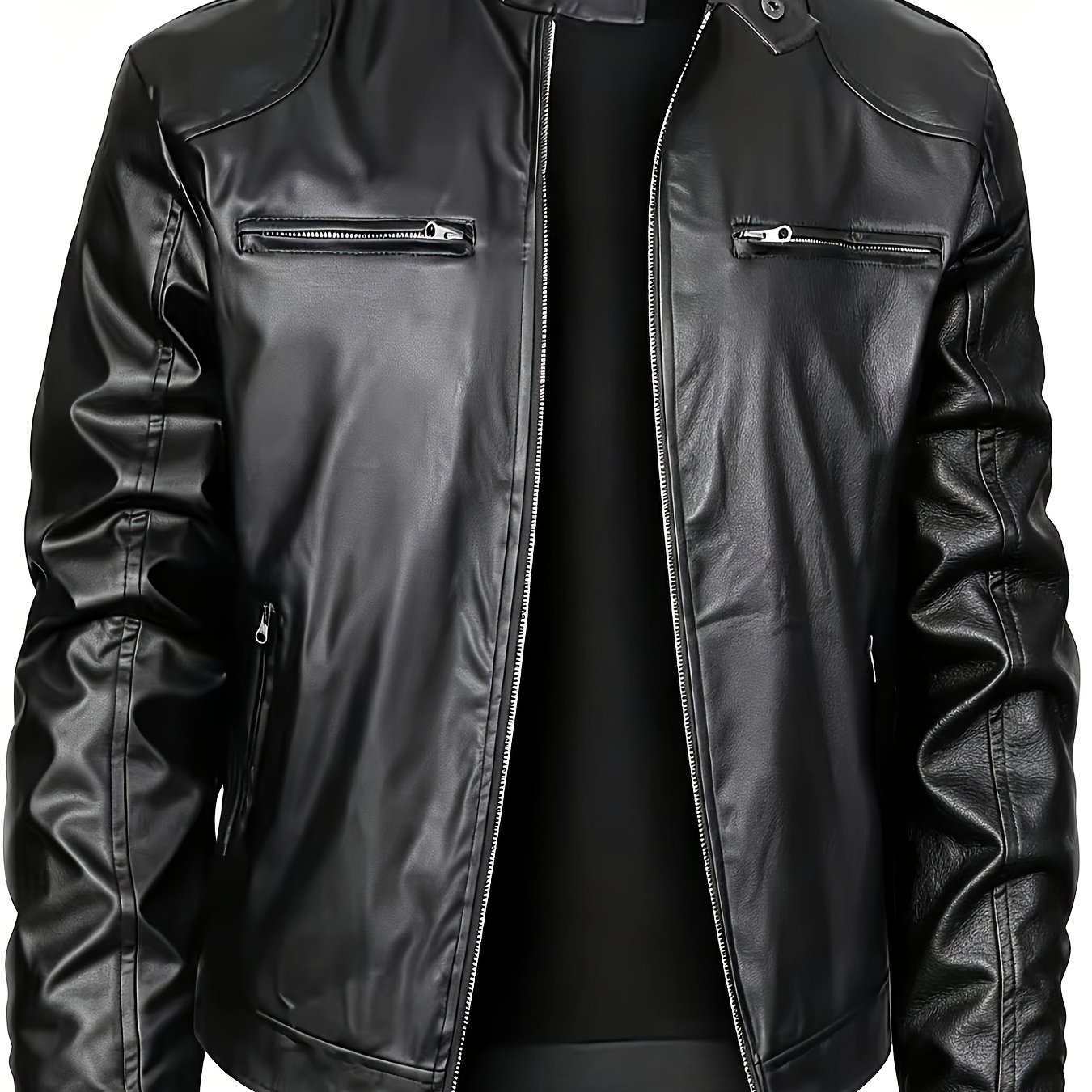 TEMU Men's Stand Collar Slim-fit Pu Jacket With Zipper Pockets, Decorative Motorcycle Style, Plus Size Lightweight Stand Collar Pu Jacket For Men,
