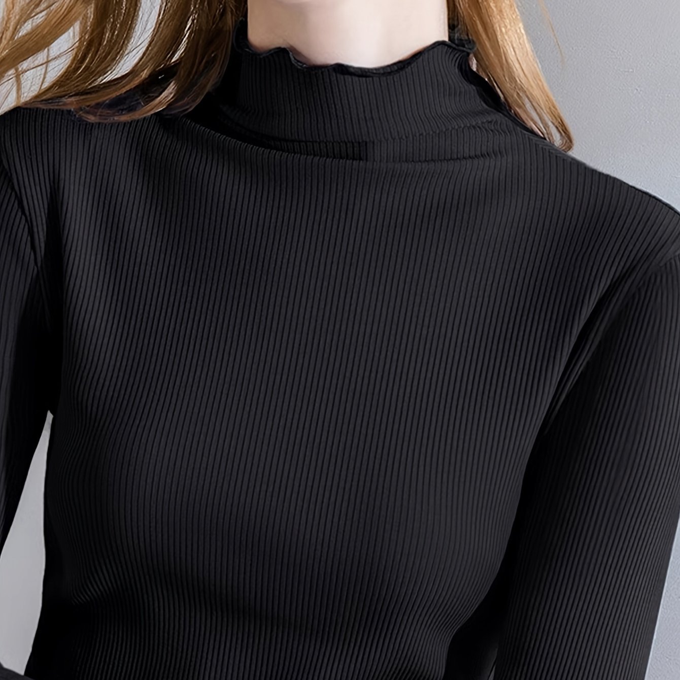 TEMU Slim-fit Thin Semi-high Neck Shirt, Women's Ruffle Base Layer, Spring/winter Long Sleeve Inner Wear, New Solid Color Top