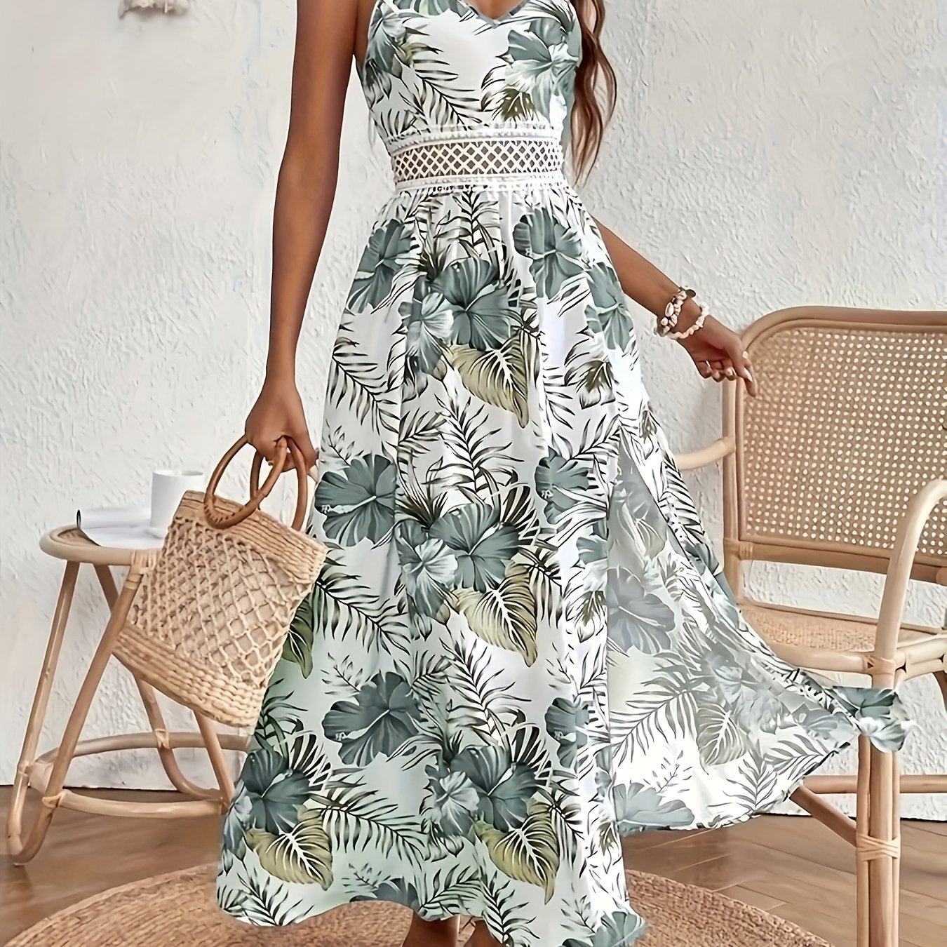 Image of Plus Size, Plus-size Women's Floral Print Spaghetti Suspender Dress, Elegant Sleeveless Slit Dress, Suitable For Spring And Summer