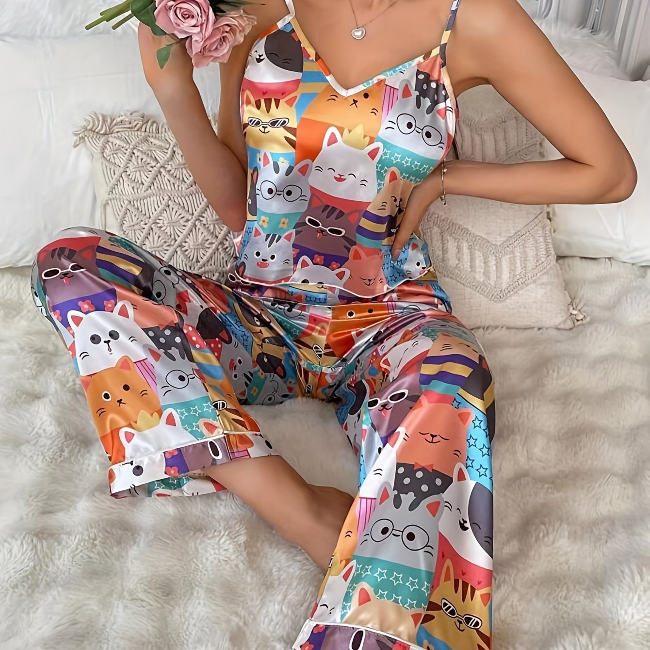 Image of Women's Sexy Satin Comfortable Skin-friendly Camisole And Elastic Waistband Long Pants Pajama Set