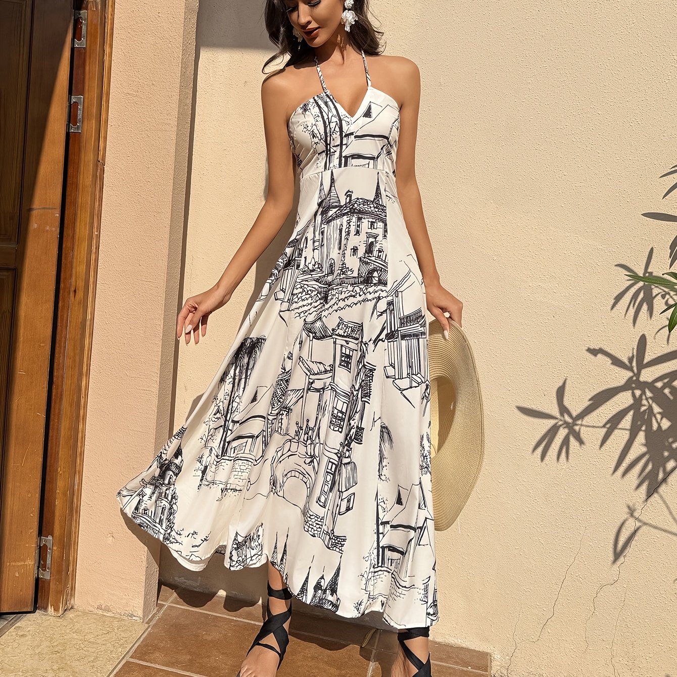 Image of European And American Women's Fashion: Unique Printed Midi Cross-neck Dress, 100% Polyester, Slim-fitting, Backless, Flowing, Comfortable, Lightweight, And Perfect For Vacation