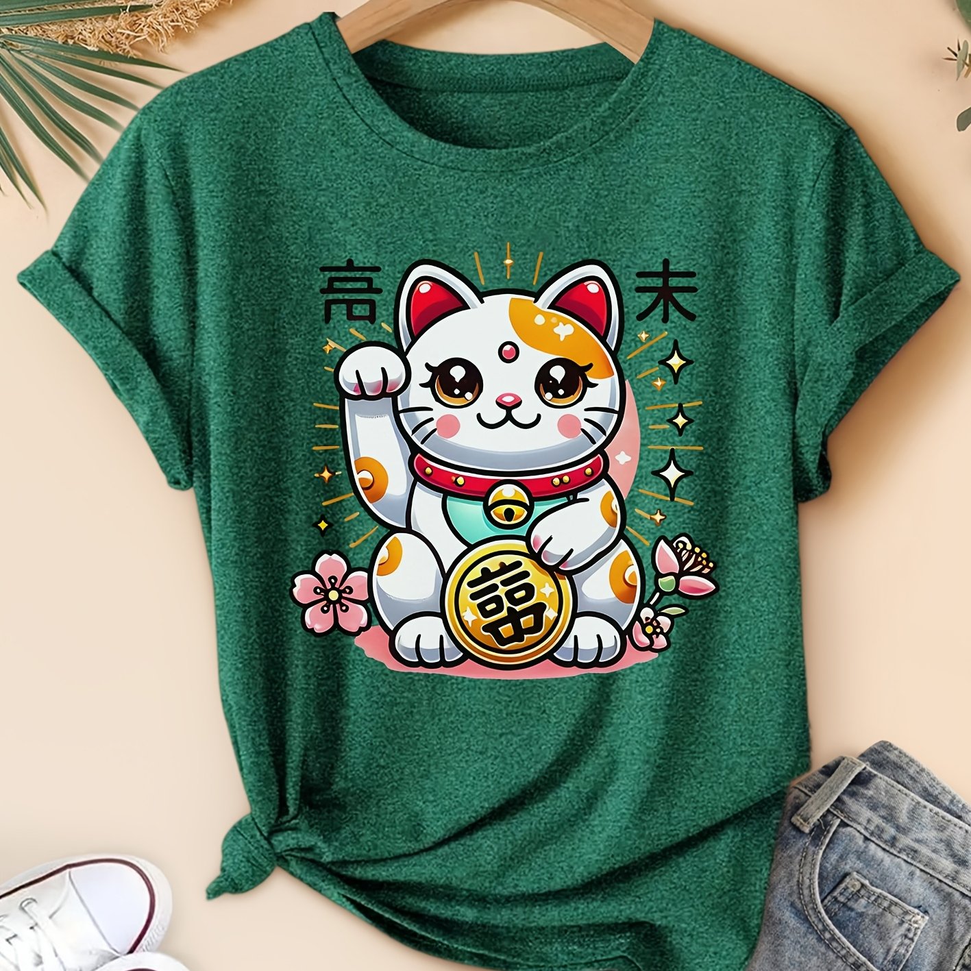 TEMU This Beautiful Short-sleeved Top For Women Features A Traditional Japanese Cat Theme. It Showcases The Of The Cat Along With 'gao Mo' And Floral