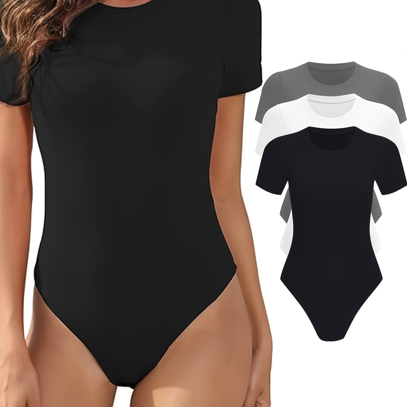 Three-pack Women's Short Sleeve Bodycon Bodysuit, Round Neck Comfortable Base Layer 1pc Top For Spring And Summer