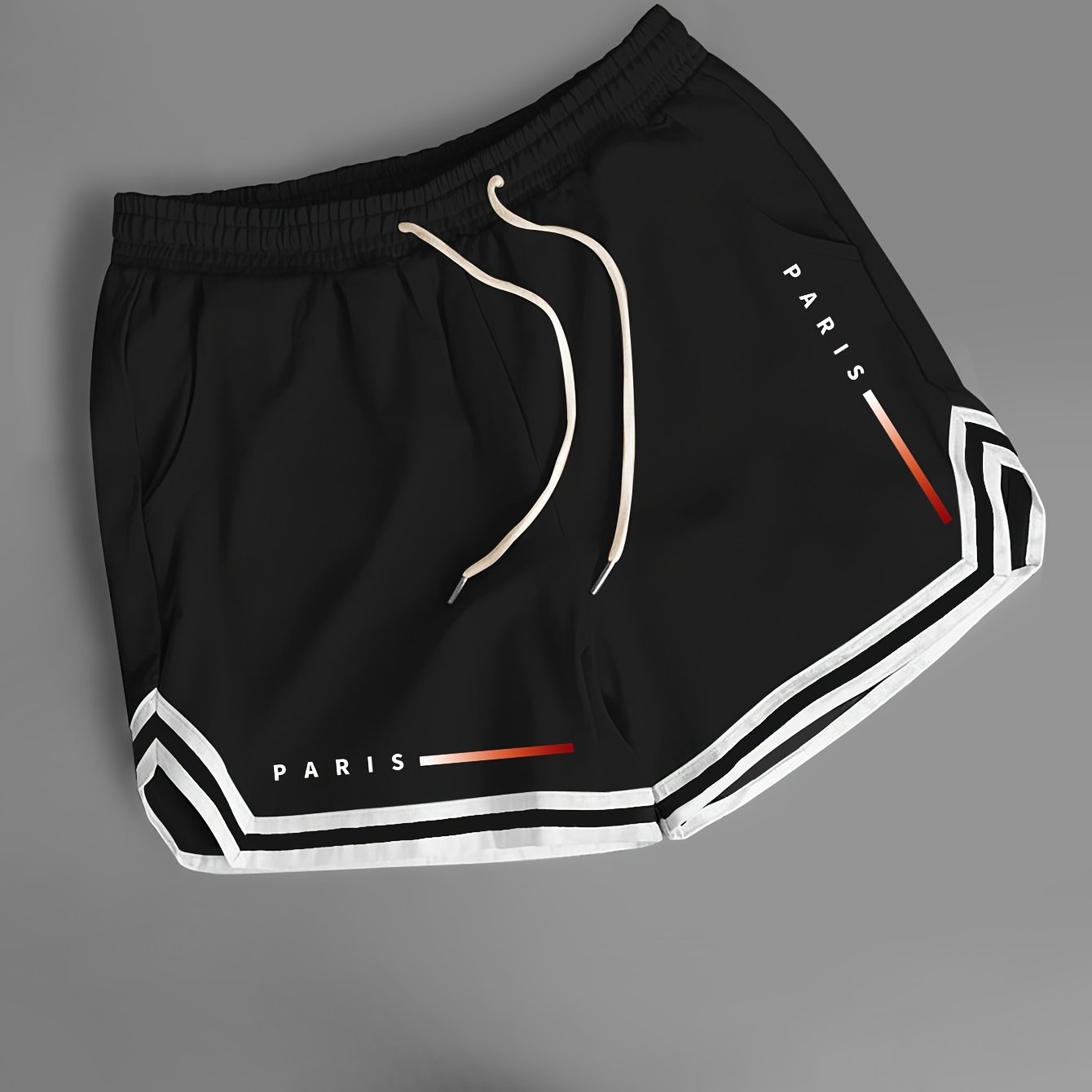 TEMU Trendy Men's Shorts With Y2k Design, Featuring A Minimalist Paris City Theme And Letter Prints, Drawstring Style, Gradient , French , Street