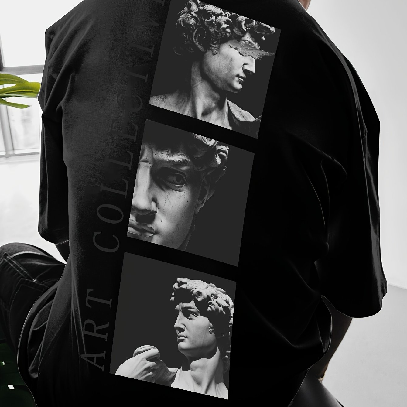 Image of Men's Loose-fit Drop-shoulder Short-sleeve T-shirt With Large Back Plaster Cast Figure Print In Streetwear Style Oversize