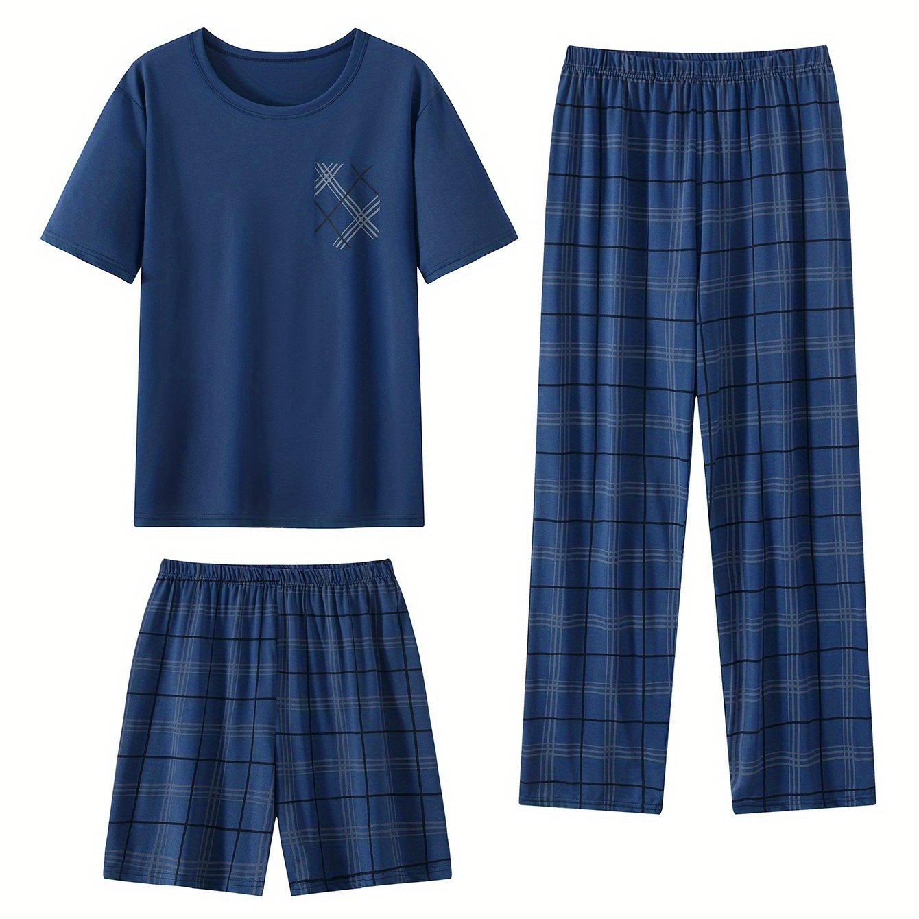 E-shop 3-teiliges Herren Sommer Paarungsset, dünne Pyjama, Kurzarm und Shorts und , Sommer Set