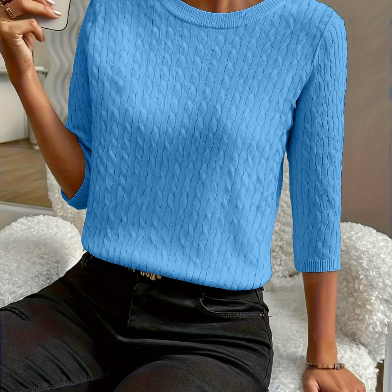 Simple Round Neck Versatile Comfortable Ribbed Three-quarter Sleeve Pullover Sweater