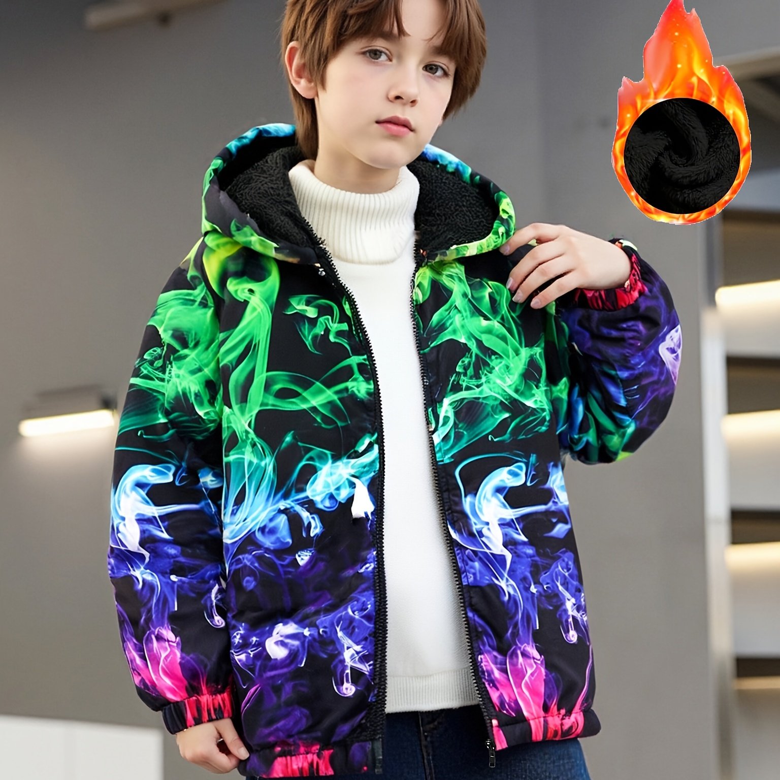 Boys' 130-170cm Autumn/winter -lined Warm Casual Zip-up Hooded Long-sleeve Jacket Regular Fit Outerwear