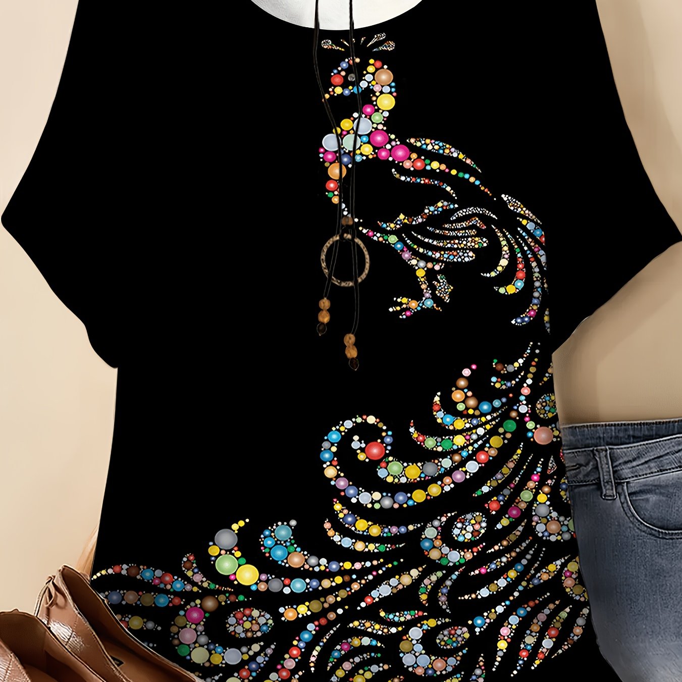 TEMU Plus-size Women's T-shirt With A Solid . The Front Features A Peacock Of Colorful Polka Dots, Extending From The Neckline To The Hem, With Its