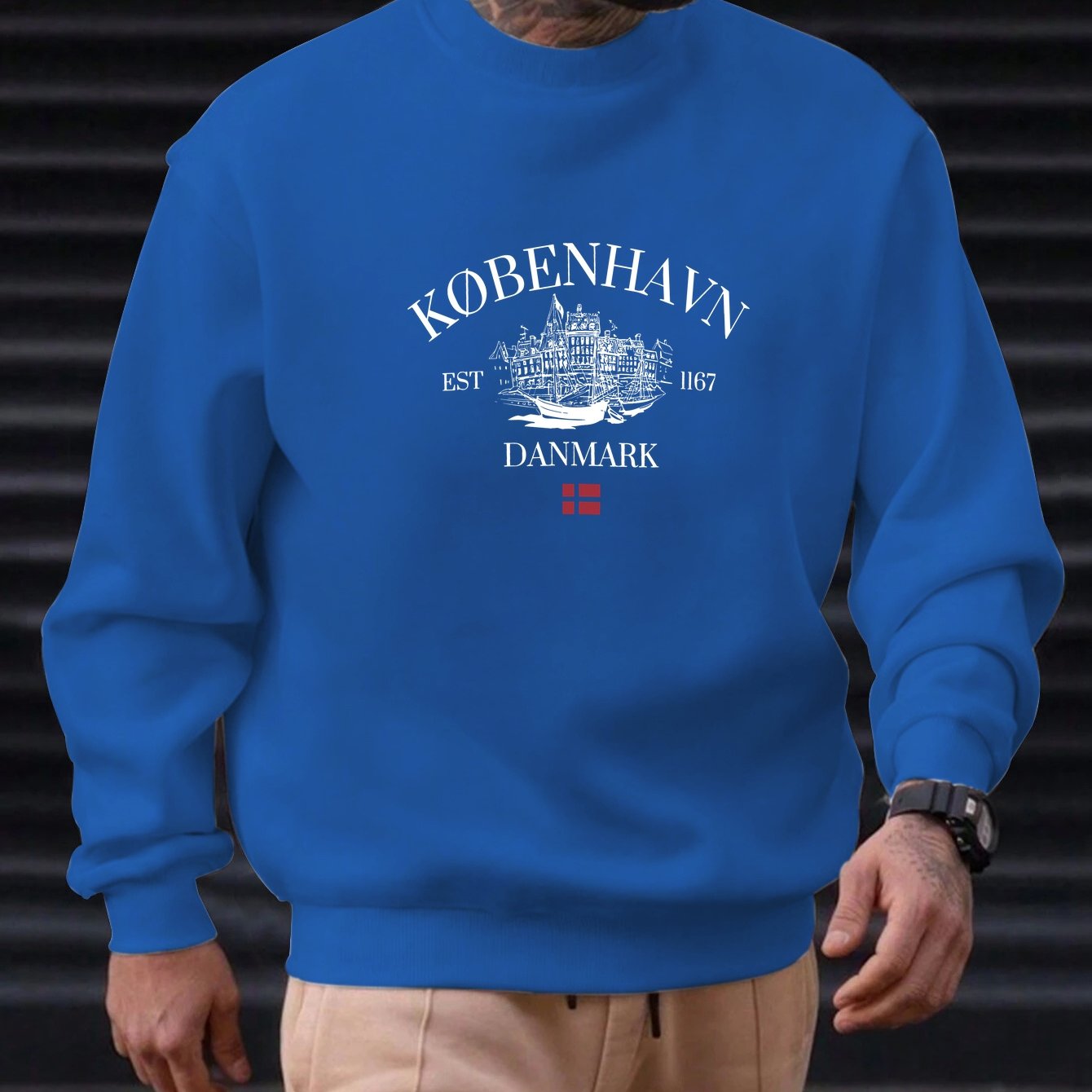 TEMU Men's Copenhagen Denmark Graphic Sweater - Light Grey Crewneck Pullover With Danish Flag & Copenhagen Lettering, Machine Washable Casual Sweater
